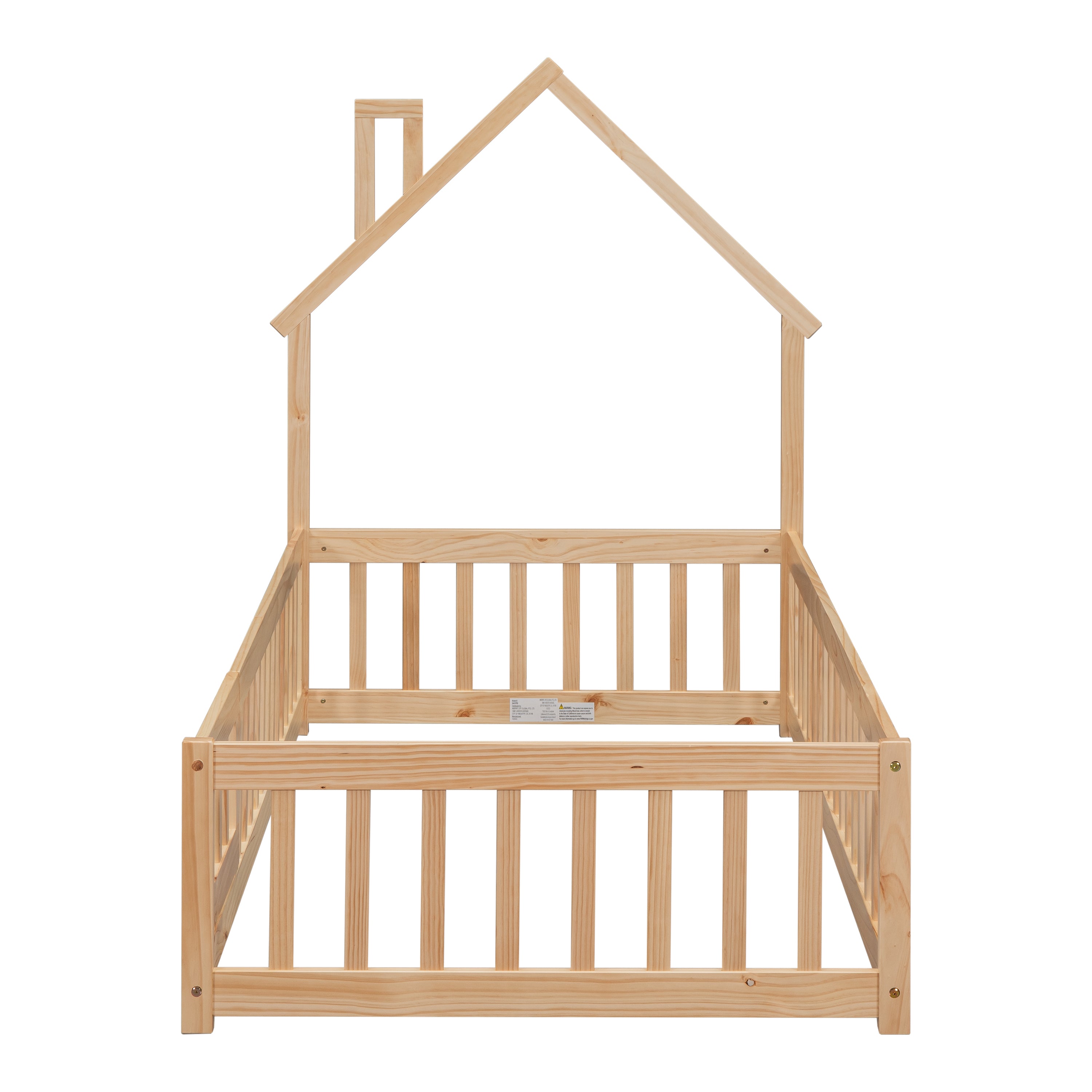 HAOYYE Twin House-Shaped Headboard Floor Bed with Fence ,Natural Sturdy Space-Saving Heavy Duty Modern Design Adults Dorm Room Easy Assembly Bedroom Furniture