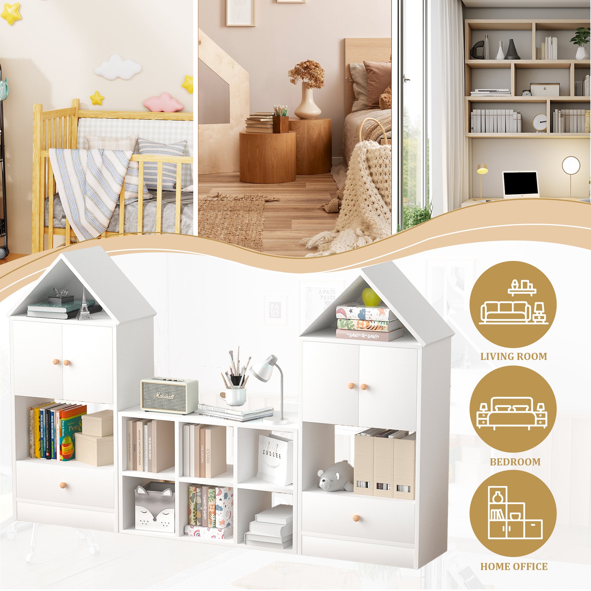 HAOYYE Versatile Bookshelf with House-Shaped Design, Multifunctional Storage Organizer for Books and Toys, Durable and Safe for Playroom or Bedroom, Easy to Assemble