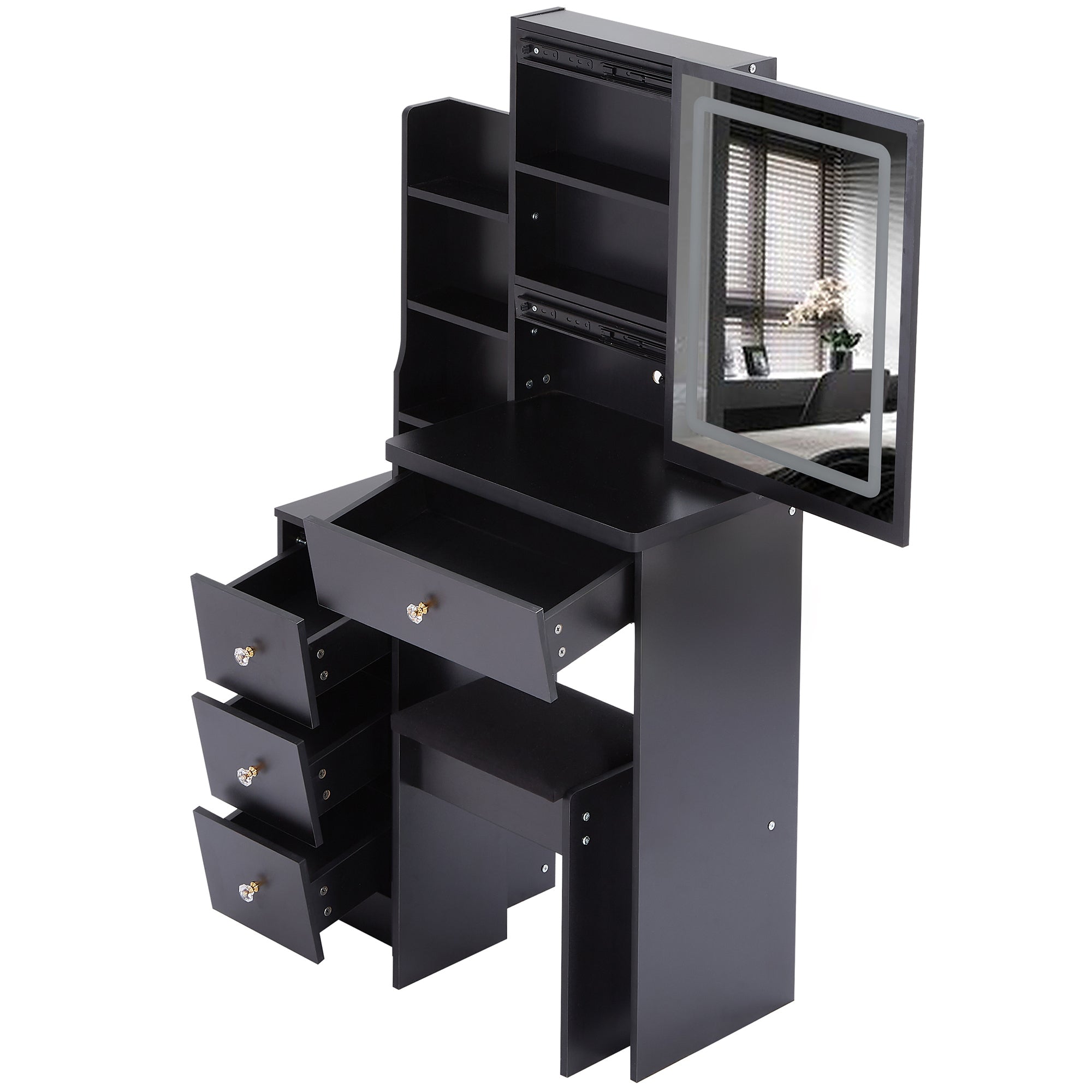 HAOYYE Small Size Left Bedside Cabinet Vanity Table + Cushioned Stool, Touch Control Sliding LED Mirror, Tri-color Switching, Brightness Adjust, Multi Layer, Suitable for Small Space, EPA,GCC,UL Certificate