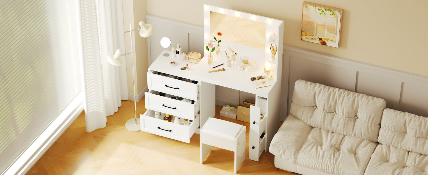 HAOYYE 55.2" Vanity Desk with Freely Adjustable Side Cabinet, Makeup Vanity with Hollywood Lights, 5 Storage Drawers & 2-shelves, Modern Dressing Table, White