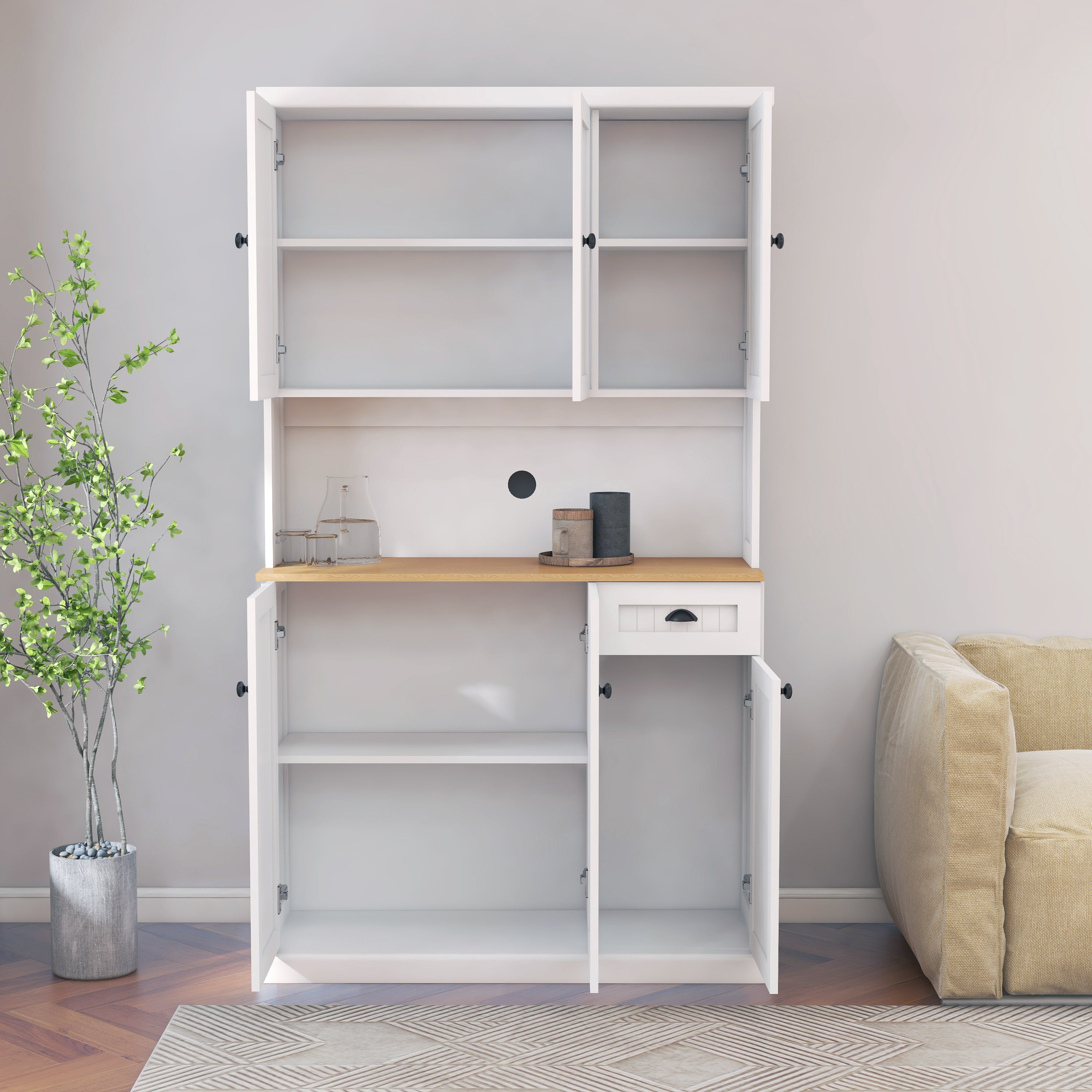 HAOYYE Freestanding Living Room Storage Cabinet with Microwave Countertop, Adjustable Shelves, 6 Doors & 1 Drawer, White, Space-Saving Modern Design, Sturdy Heavy Duty Construction, Stylish Home Furniture