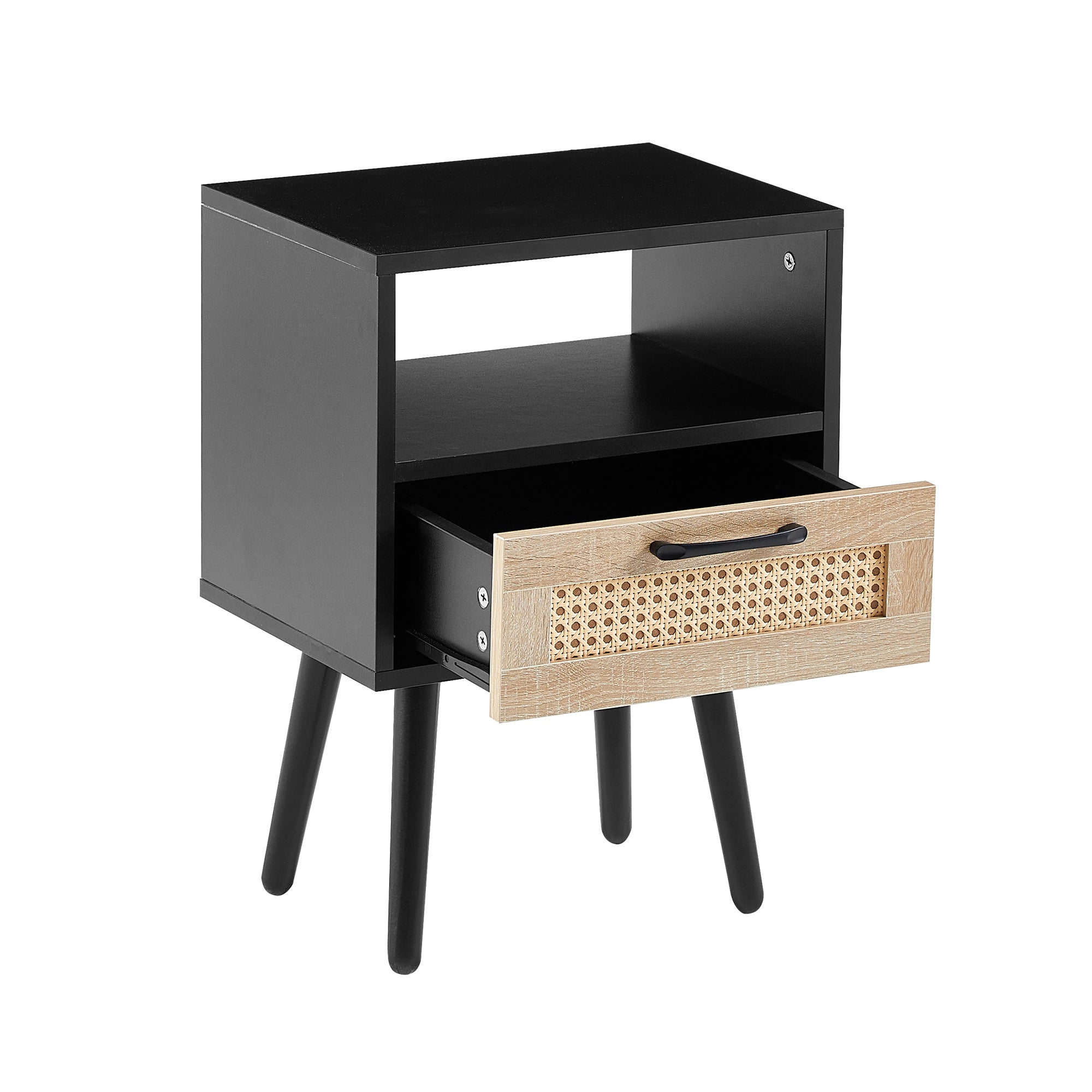 HAOYYE Rattan End Table with Drawer and Solid Wood Legs, Modern Nightstand, Side Table for Living Room, Bedroom, Black, Sturdy and Space-Saving Design, Heavy Duty Construction, Easy Assembly for Adults and Dorm Rooms