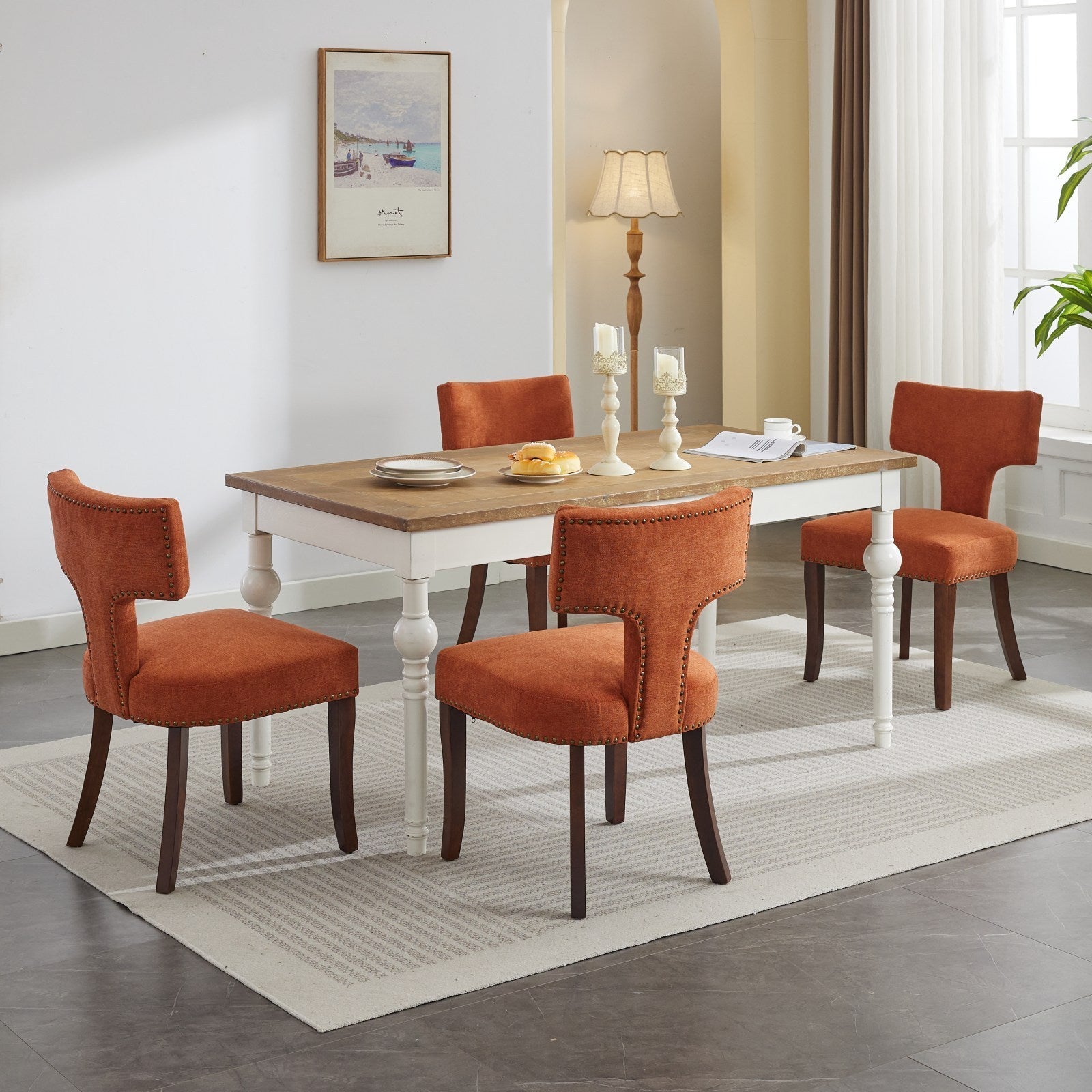 HAOYYE Mid Century Modern Dining Chairs Set of 2, Farmhouse Linen Fabric Upholstered Accent Chair Curved Backrest with Copper Nails around,Kitchen Chairs with Hardwood Frame, Orange Sturdy Space-Saving