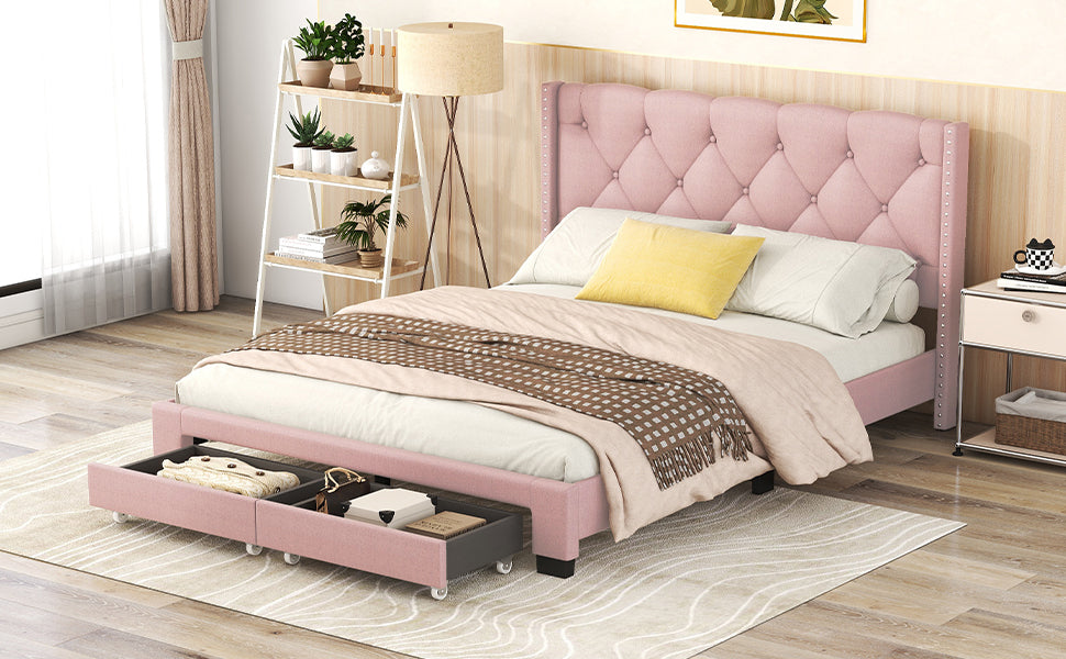 HAOYYE Queen Size Linen Upholstered Platform Bed with Two Drawers, Modern Storage Bed with Sturdy and Space-Saving Design, Heavy Duty Construction, Ideal for Adults and Dorm Rooms, Easy Assembly for Bedroom Furniture