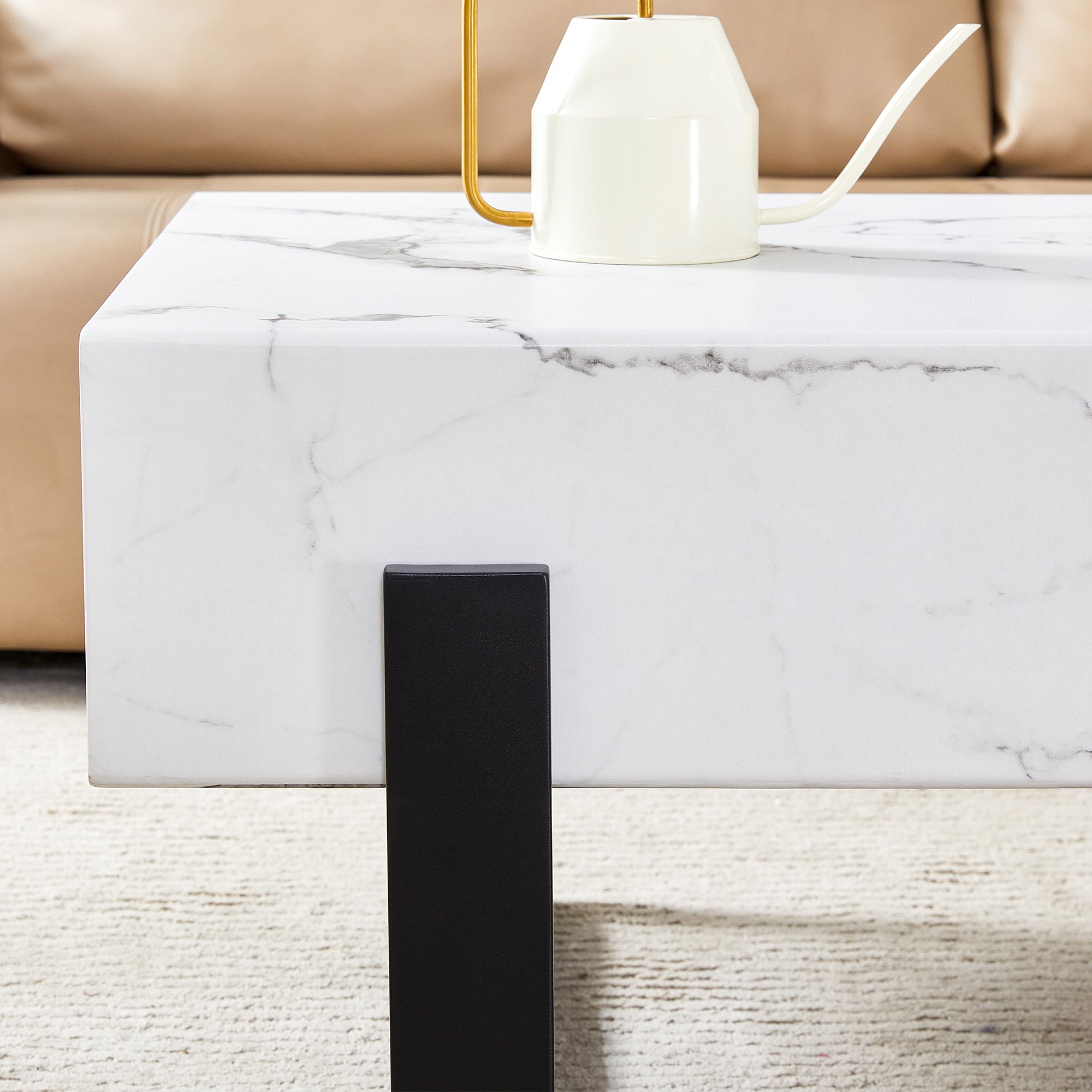 HAOYYE Black And White Minimalist MDF Coffee Table With Marble Pattern Sticker And Black Metal Leg Spray Coating, Modern And Simple Design For Living Room, Bedroom And Office, Sturdy Space-Saving Heavy Duty Furniture For Contemporary Home Decor