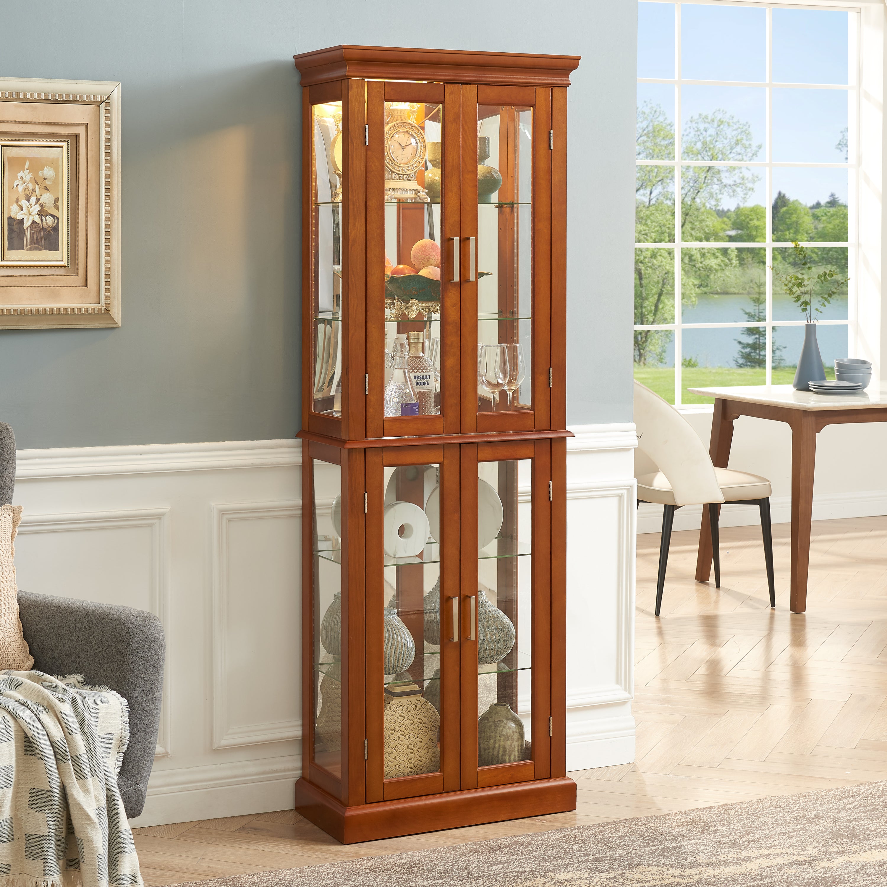 Haoyye Lighted Curio Cabinet with Adjustable Shelves Mirrored Back Panel Tempered Glass Doors Walnut 6 Tier Heavy Duty Space-Saving Sturdy Display Cabinet