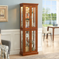 Haoyye Lighted Curio Cabinet with Adjustable Shelves Mirrored Back Panel Tempered Glass Doors Walnut 6 Tier Heavy Duty Space-Saving Sturdy Display Cabinet