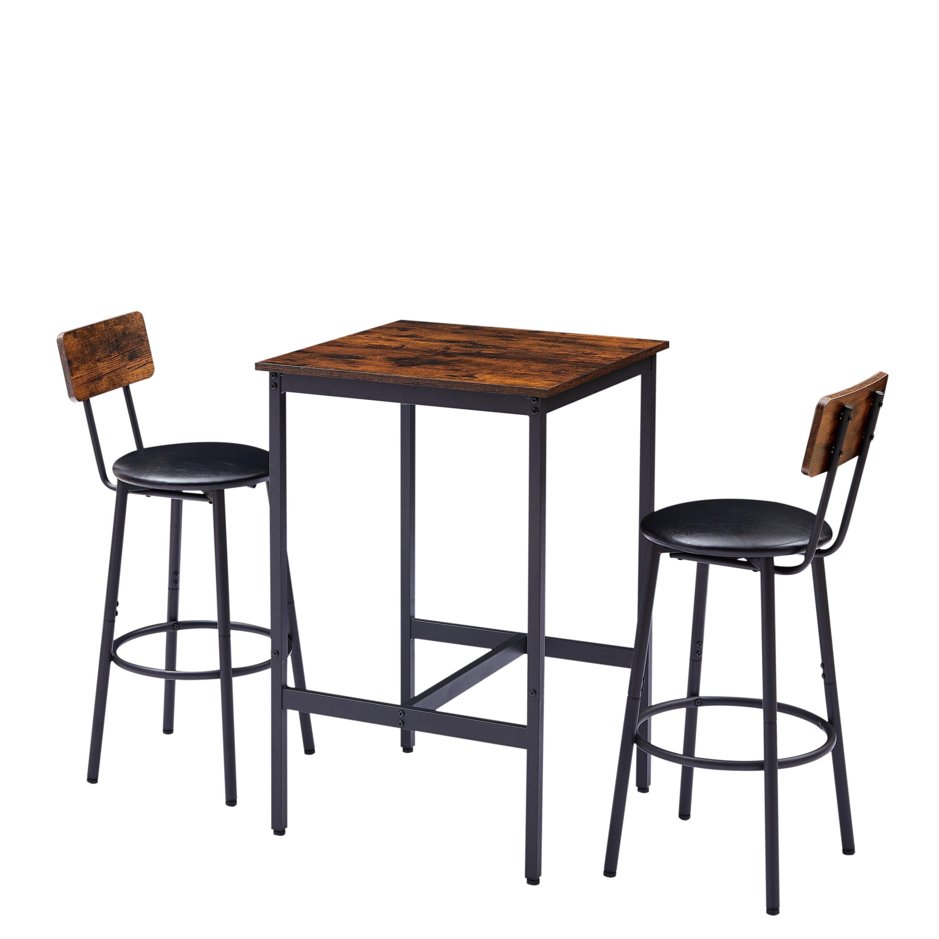 HAOYYE Bar Table Set with 2 Bar stools PU Soft seat with backrest, Rustic Brown, 23.62'' W x 23.62'' D x 35.43'' H Sturdy Space-Saving Heavy Duty Modern Design Adults Dorm Room Easy Assembly