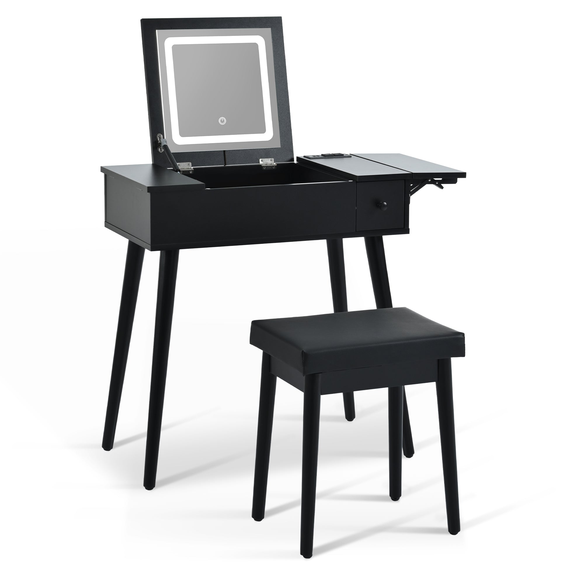 HAOYYE 27.9'' Black Makeup Vanity Desk with Flip Top Mirror and LED Light, Dressing Table with Charging Station, 2 Drawers and Fold-up Panel, Vanity Set with Cushioned Stool for Bedroom