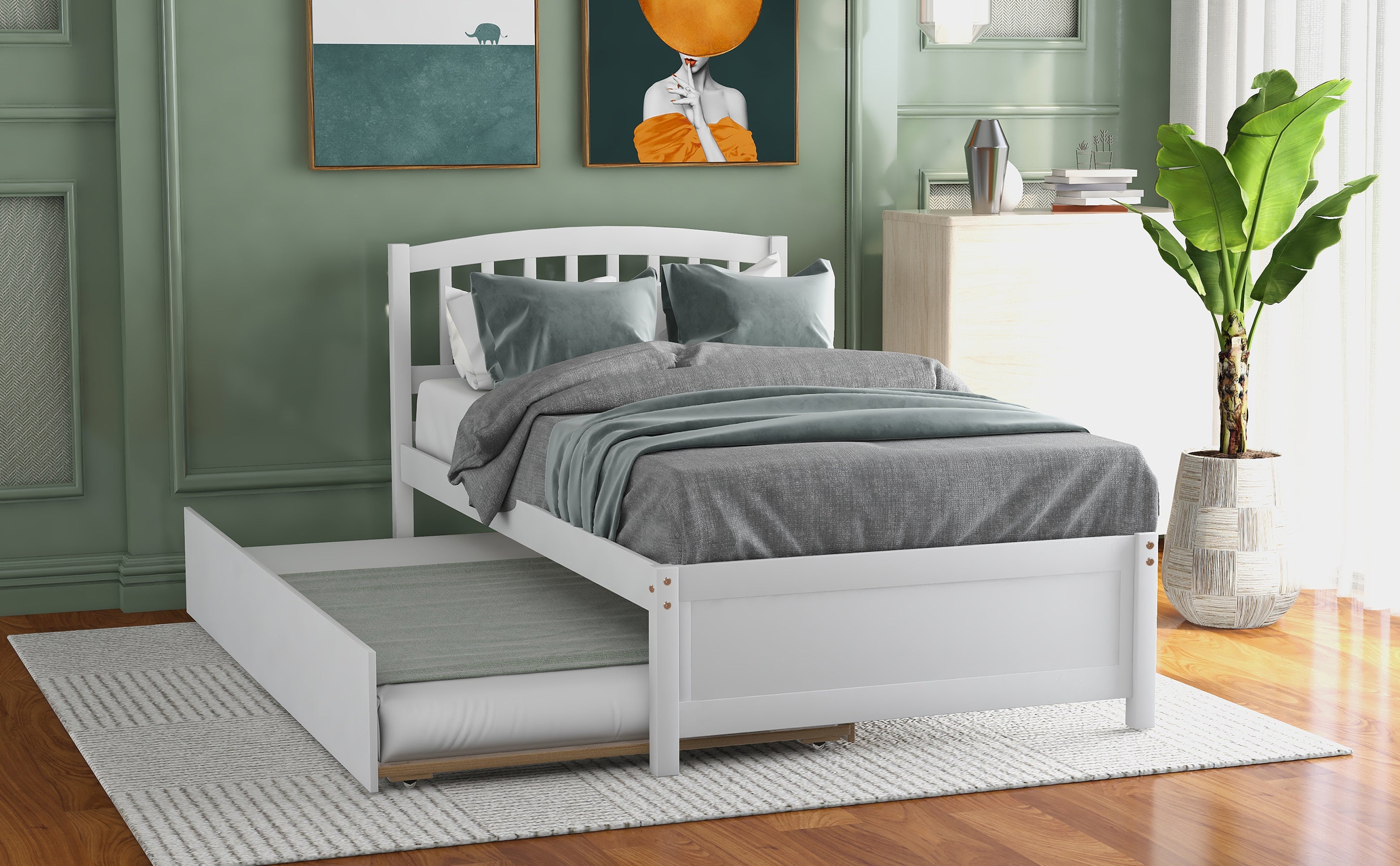 HAOYYE Twin size Platform Bed Wood Bed Frame with Trundle, White Sturdy Space-Saving Heavy Duty Modern Design Easy Assembly Durable Stylish Home Furniture Versatile
