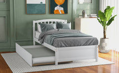 HAOYYE Twin size Platform Bed Wood Bed Frame with Trundle, White Sturdy Space-Saving Heavy Duty Modern Design Easy Assembly Durable Stylish Home Furniture Versatile