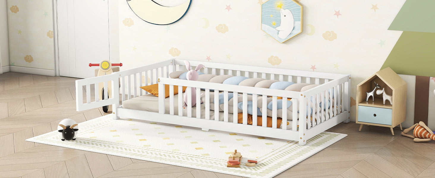 HAOYYE Twin Size Bed Floor Bed with Safety Guardrails and Door for , White(Old SKU:W158090683) Sturdy Space-Saving Heavy Duty Modern Design Adults Dorm Room Easy Assembly Bedroom Furniture