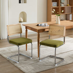 HAOYYE Mid Century Modern Dining Chairs Set of 2, Velvet Accent Chairs with Natural Cane Back & Stainless Chrome Base, Famous Breuer Designed Chairs, Upholstered Rattan Kitchen Chairs,Olive-Green Sturdy