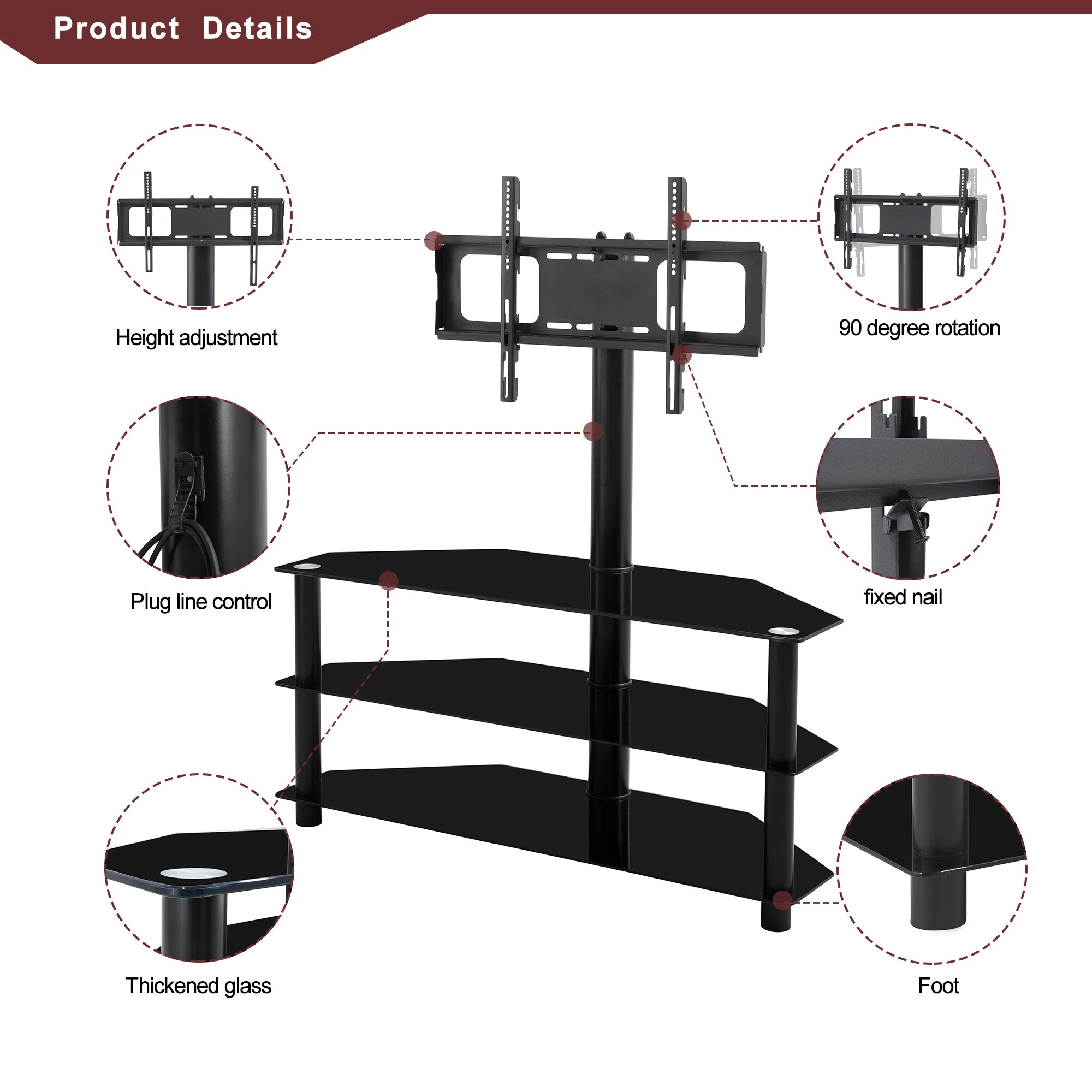 HAOYYE Black Adjustable TV Stand, Swivel Bracket, Tempered Glass Shelves, Space-Saving, Durable, Stylish, Modern Design for Living Room, Bedroom, or Office