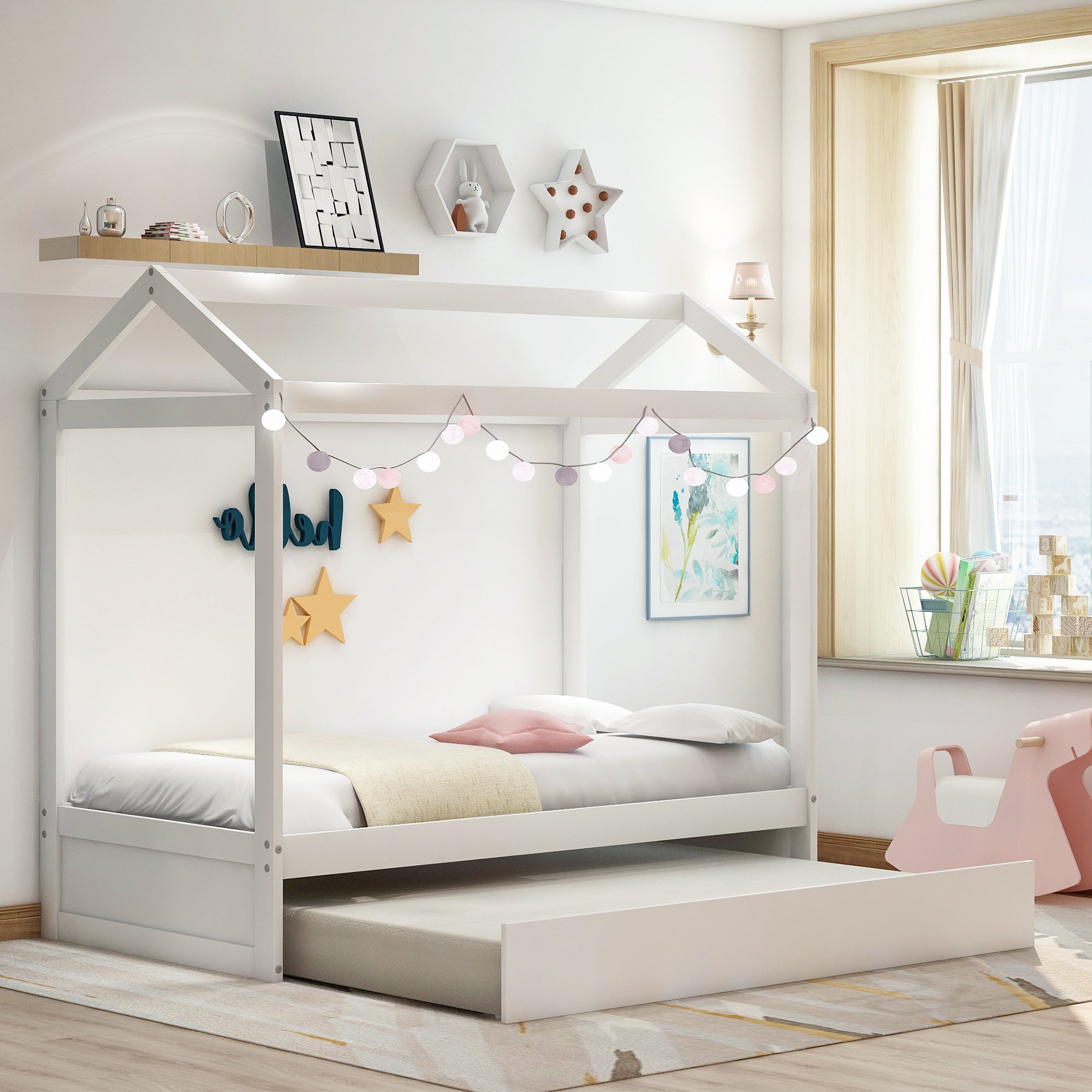 HAOYYE House Bed with Trundle, can be Decorated,White(Old SKU:SM000103AAK) Sturdy Space-Saving Heavy Duty Modern Design Adults Dorm Room Easy Assembly Bedroom Furniture