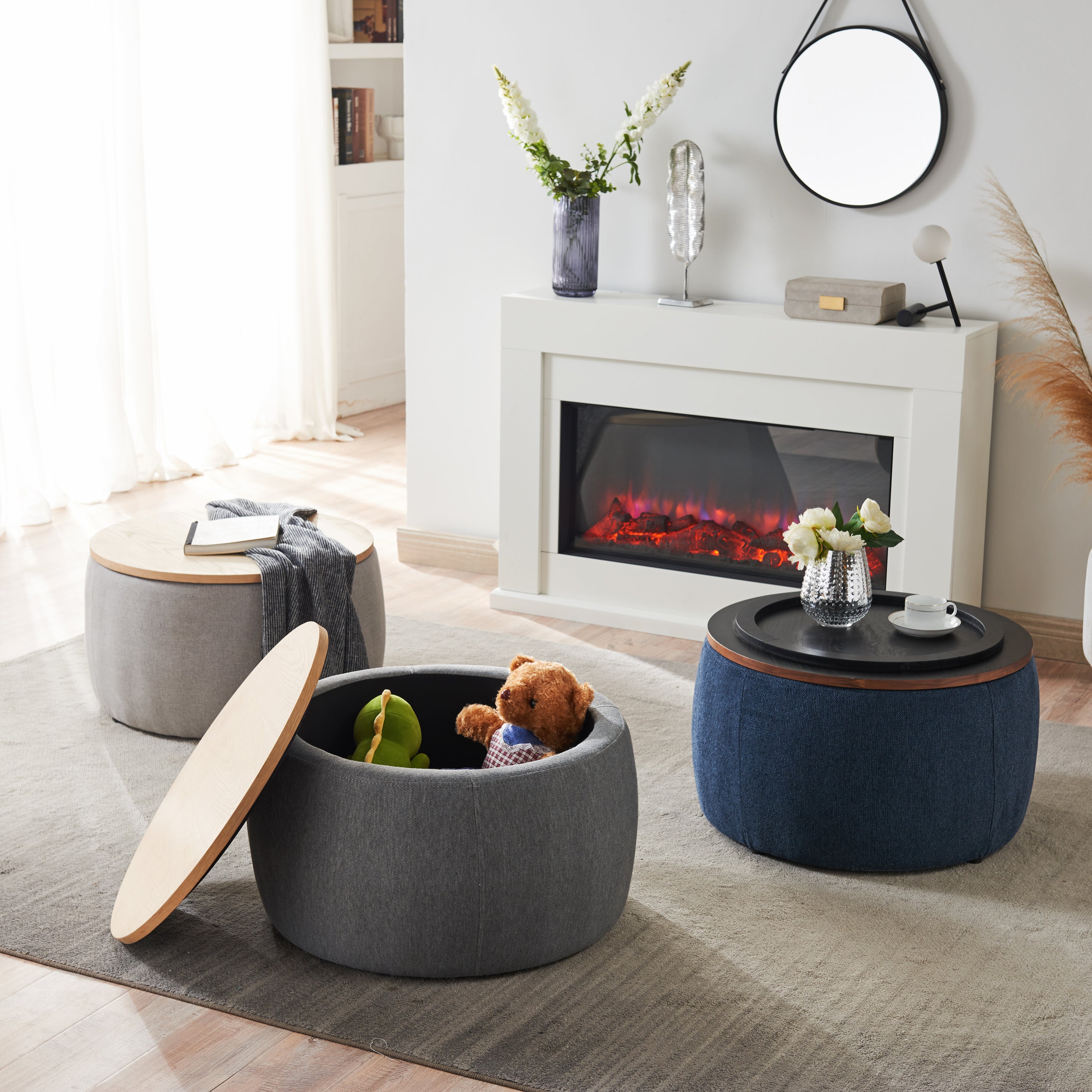 HAOYYE Round Storage Ottoman, 2 in 1 Function, Work as End table and Ottoman, Navy Sturdy Space-Saving Heavy Duty Modern Design Easy Assembly Durable Stylish Home Furniture Versatile
