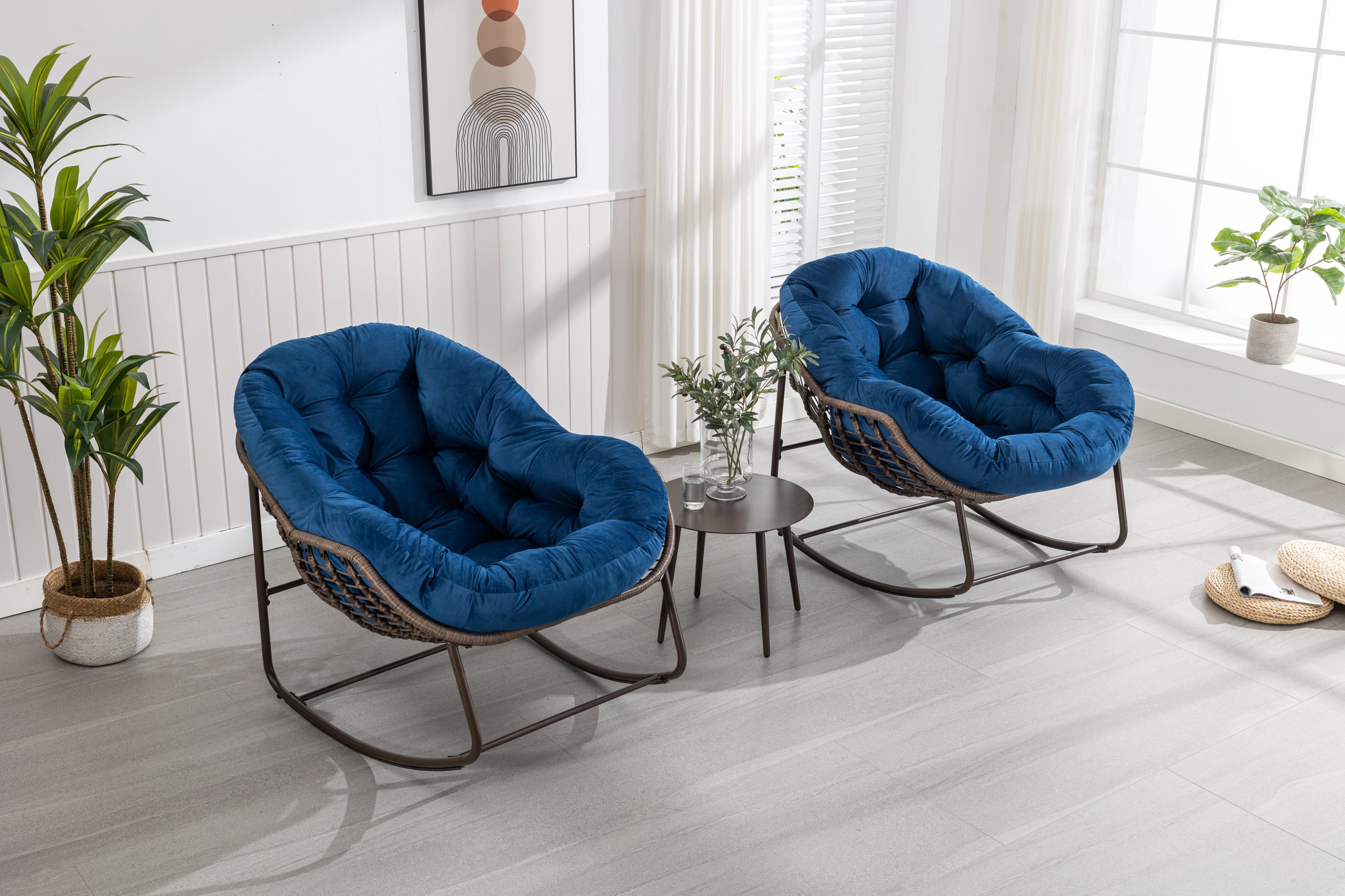 HAOYYE Outdoor Rattan Rocking Chair,Padded Cushion Rocker Recliner Chair Outdoor for Front Porch, Living Room, Patio, Garden, Navy Blue Sturdy Space-Saving Heavy Duty Modern Design Adults Dorm Room