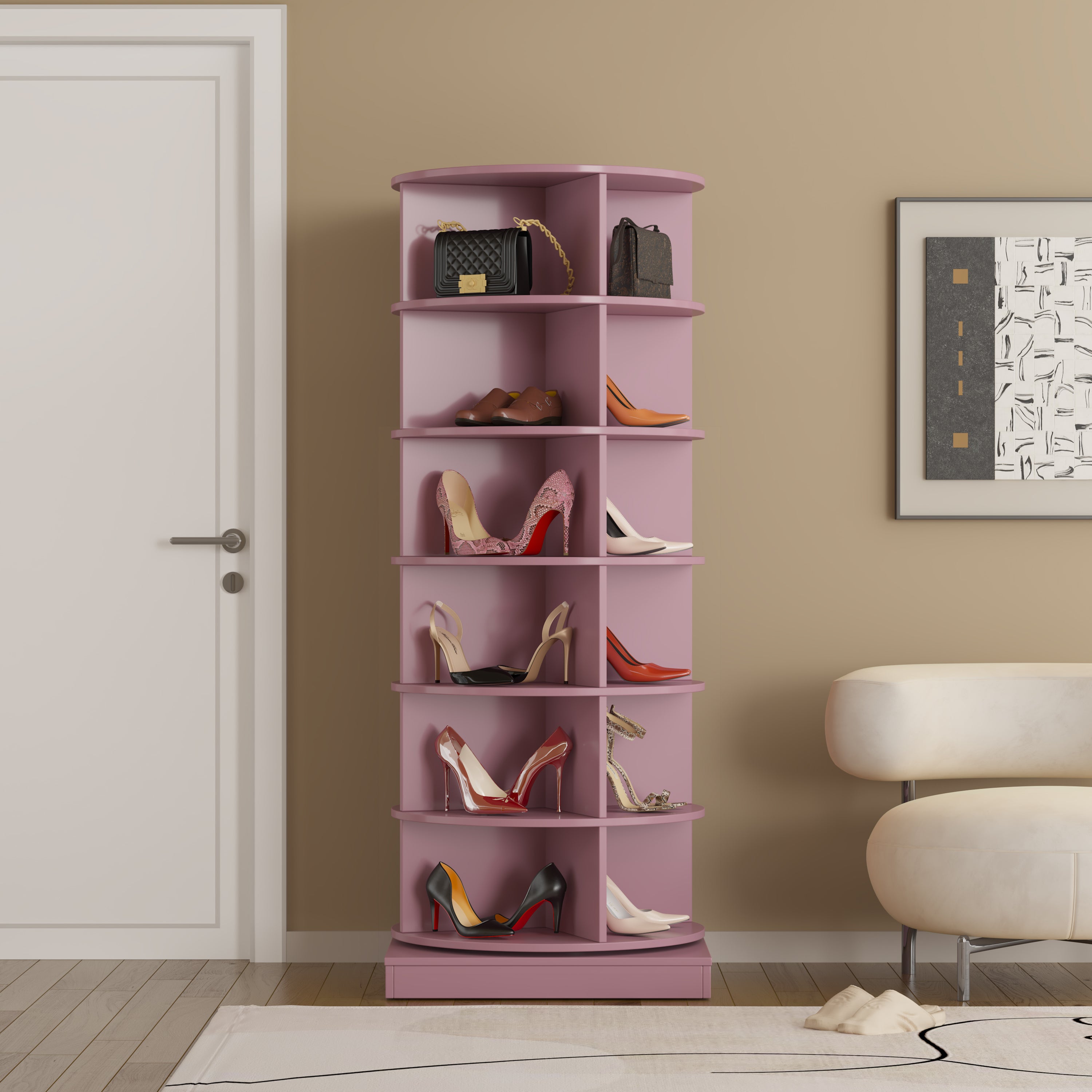 HAOYYE Pink 360 Rotating shoe cabinet 6 layers Sturdy Space-Saving Heavy Duty Modern Design Adults Dorm Room Easy Assembly Bedroom Furniture