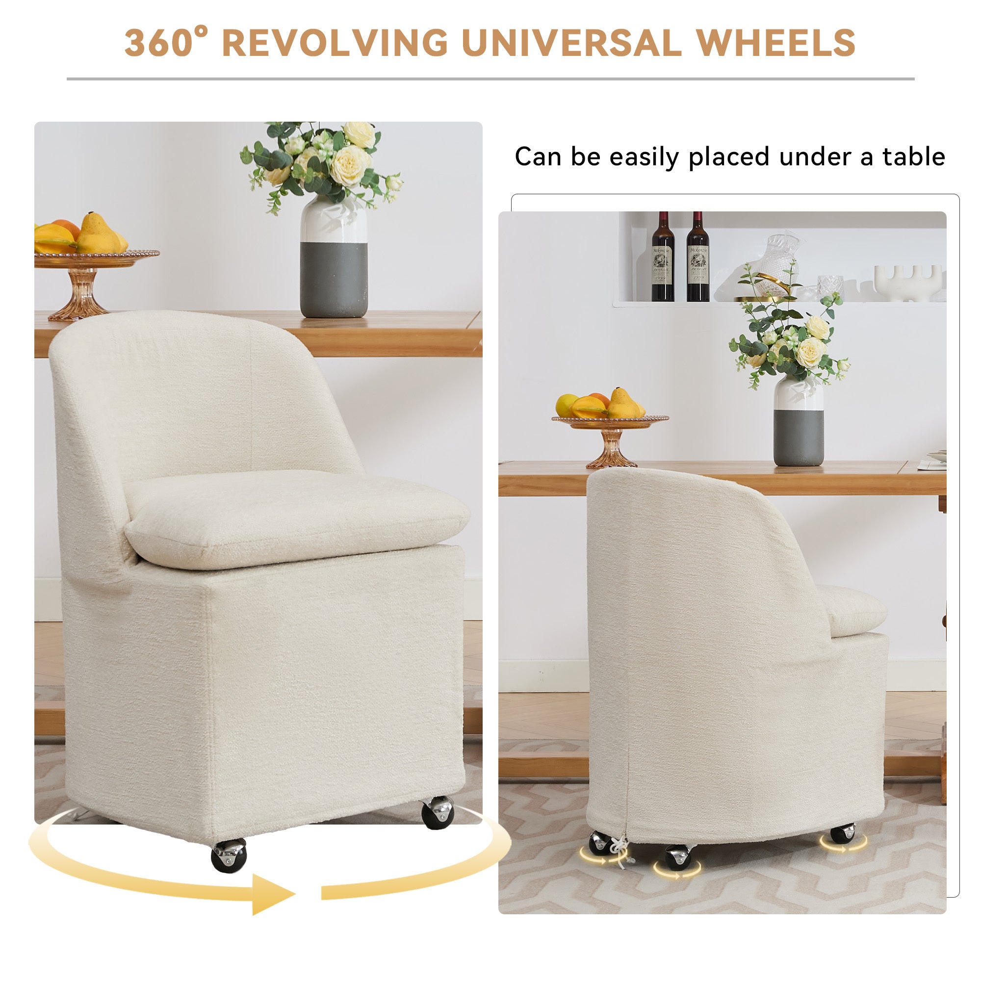 HAOYYE 058-Set of 2 Chenille Fabric Dining Chairs With Universal Wheels,Beige Sturdy Space-Saving Heavy Duty Modern Design Adults Dorm Room Easy Assembly Bedroom Furniture
