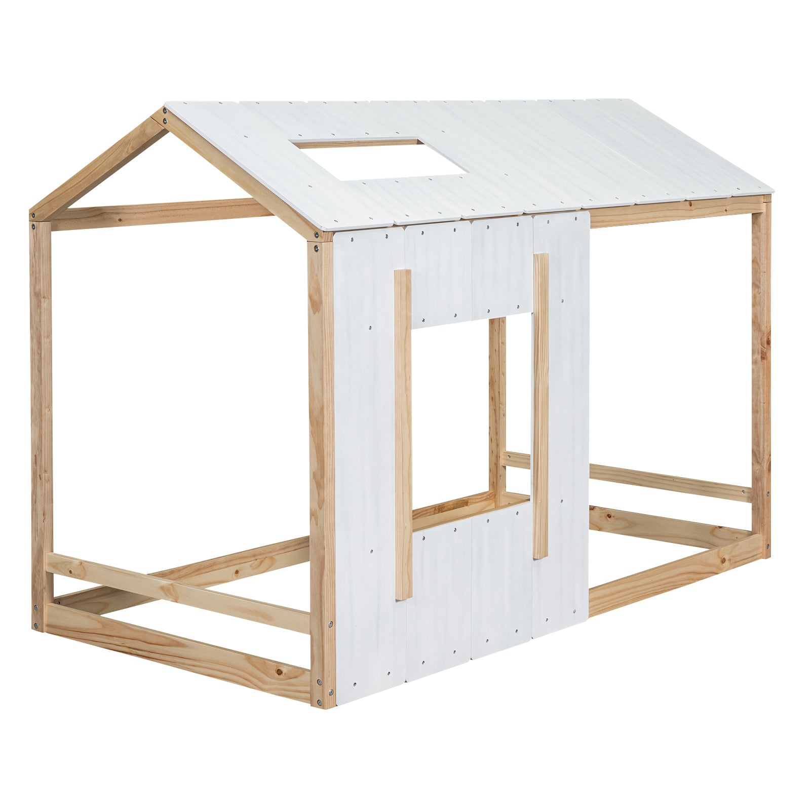 HAOYYE Twin Size House Platform with Roof and Window , White+Natural Sturdy Space-Saving Heavy Duty Modern Design Easy Assembly Durable Stylish Home Furniture Versatile