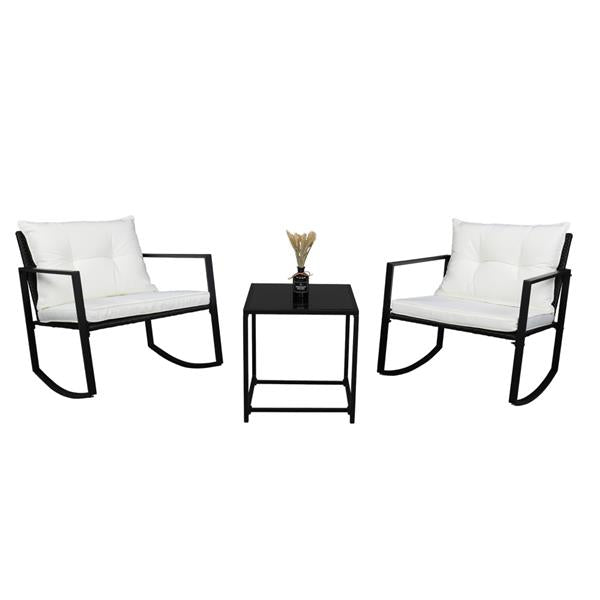HAOYYE 3 Piece Outdoor Rocking Chair Set with Coffee Table, Black PE Rattan Patio Furniture with Tempered Glass Top and Beige Cushions, Weather Resistant Wicker Conversation Set for Balcony Garden Deck Porch