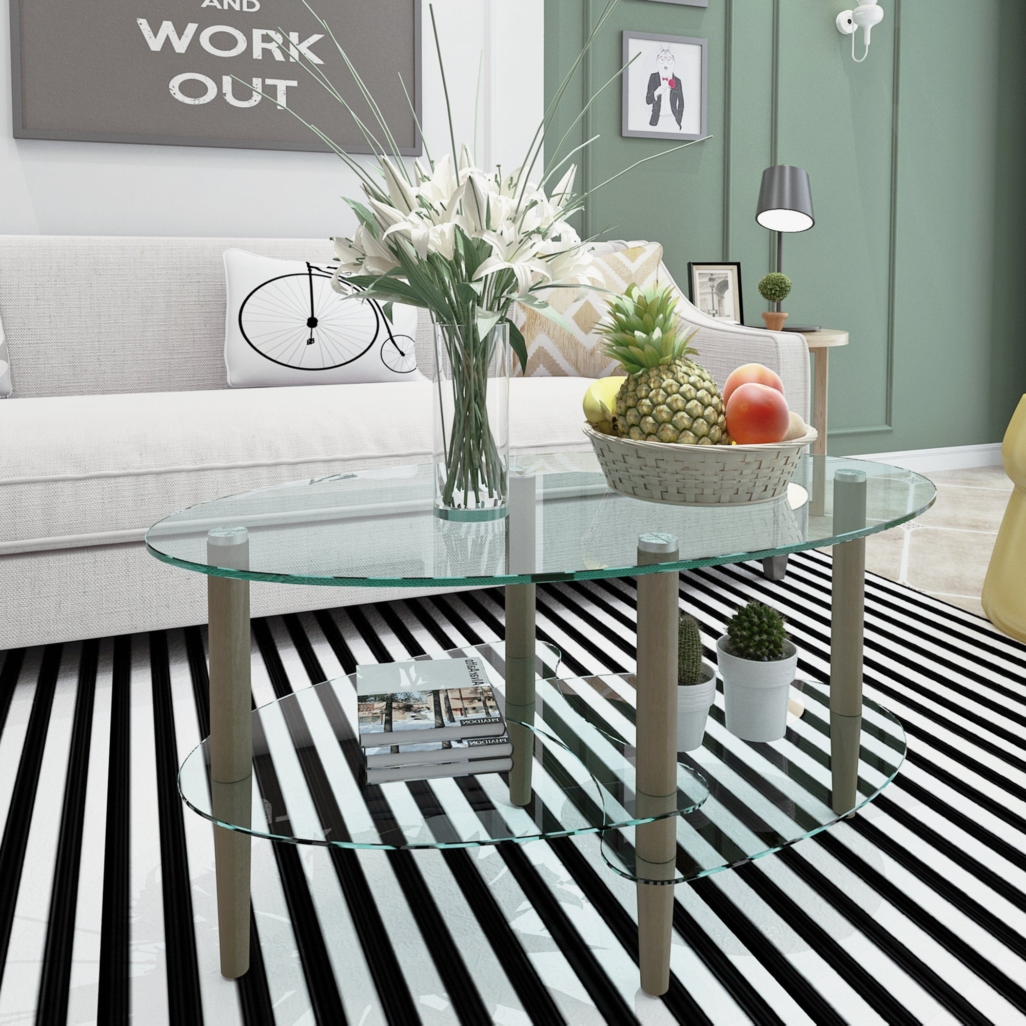 HAOYYE Transparent Oval glass coffee table, modern table in living room Oak wood leg tea table 3-layer glass table Sturdy Space-Saving Heavy Duty Modern Design Adults Dorm Room Easy Assembly