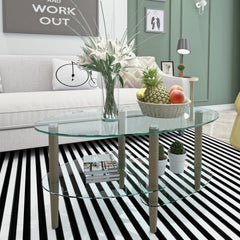 HAOYYE Transparent Oval glass coffee table, modern table in living room Oak wood leg tea table 3-layer glass table Sturdy Space-Saving Heavy Duty Modern Design Adults Dorm Room Easy Assembly