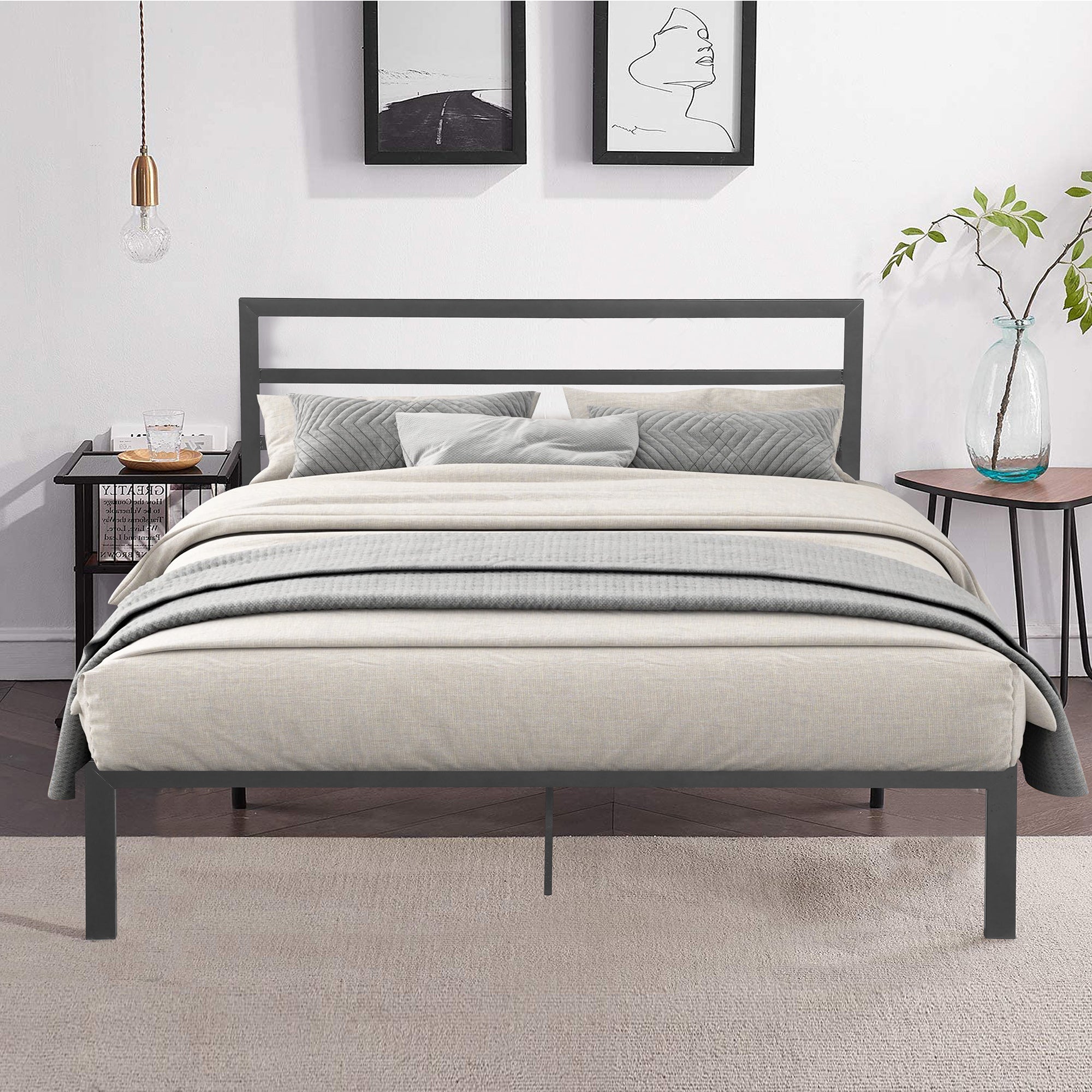 HAOYYE Queen Size Metal Bed Frame with Headboard Charcoal Grey Sturdy Space-Saving Heavy Duty Modern Design Easy Assembly Durable Stylish Home Furniture Versatile