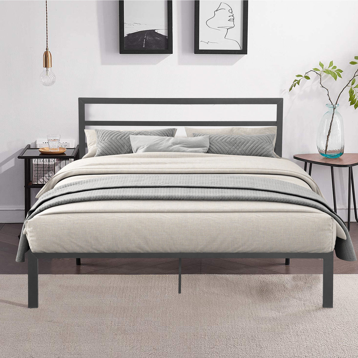 HAOYYE Queen Size Metal Bed Frame with Headboard Charcoal Grey Sturdy Space-Saving Heavy Duty Modern Design Easy Assembly Durable Stylish Home Furniture Versatile
