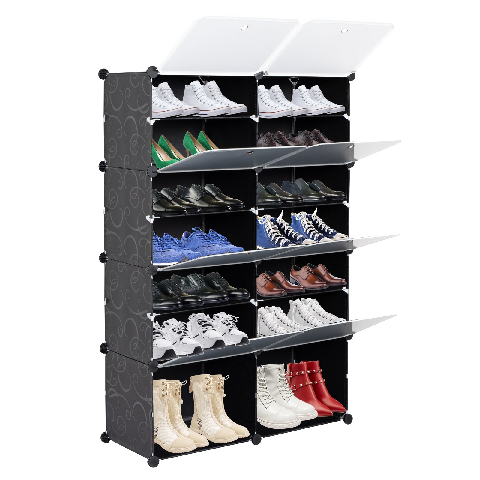 HAOYYE 7-Tier Portable Shoe Rack Organizer, 14 Grid Expandable Storage Cabinet Stand, Sturdy Design For Heels, Boots, Slippers, Durable And Space-Saving Modern Organizer For Entryways, Closets, Or Bedrooms, Easy Assembly, Black
