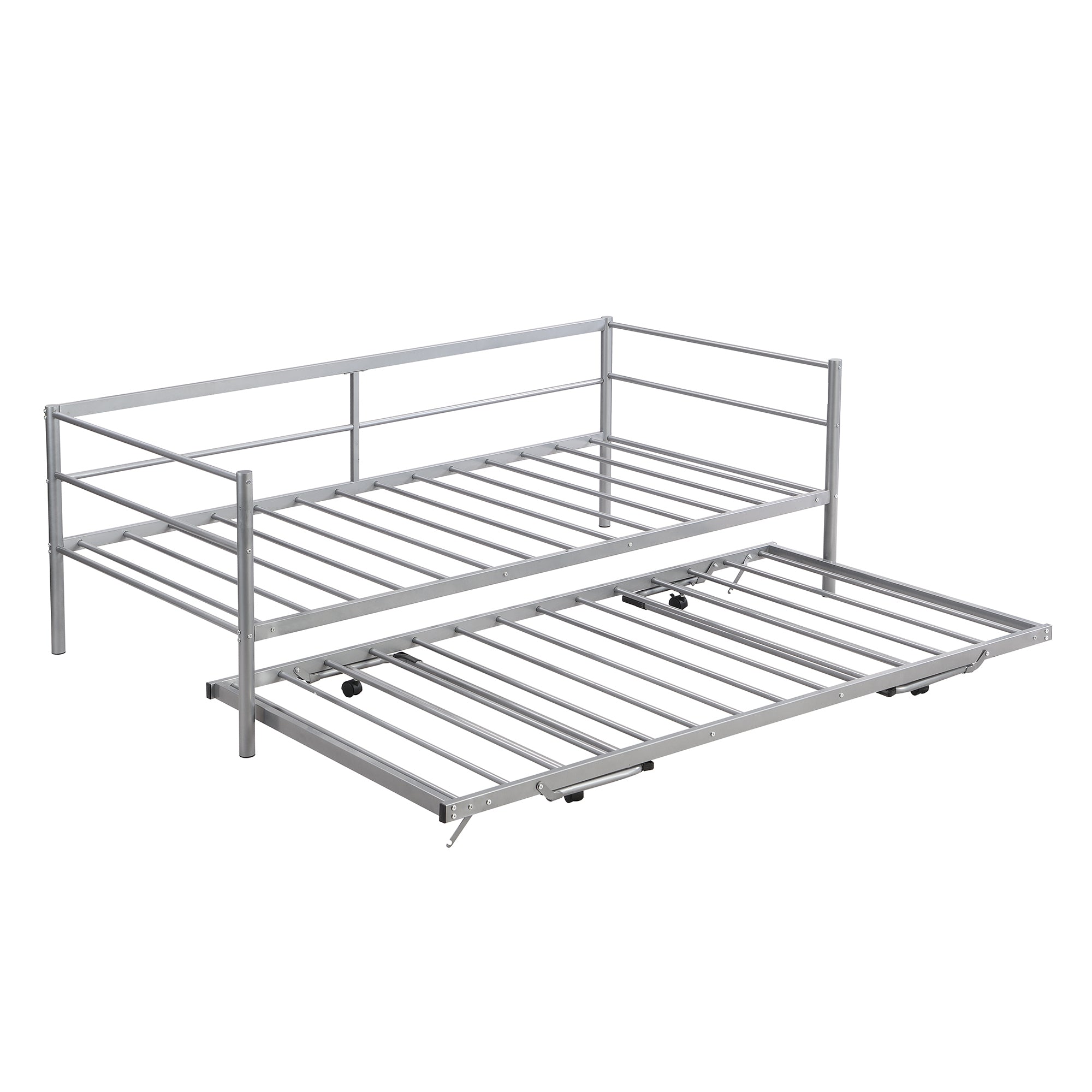 HAOYYE Twin Size Metal Daybed with Adjustable Trundle, Pop Up Trundle, Silver Sturdy Space-Saving Heavy Duty Modern Design Adults Dorm Room Easy Assembly Bedroom Furniture