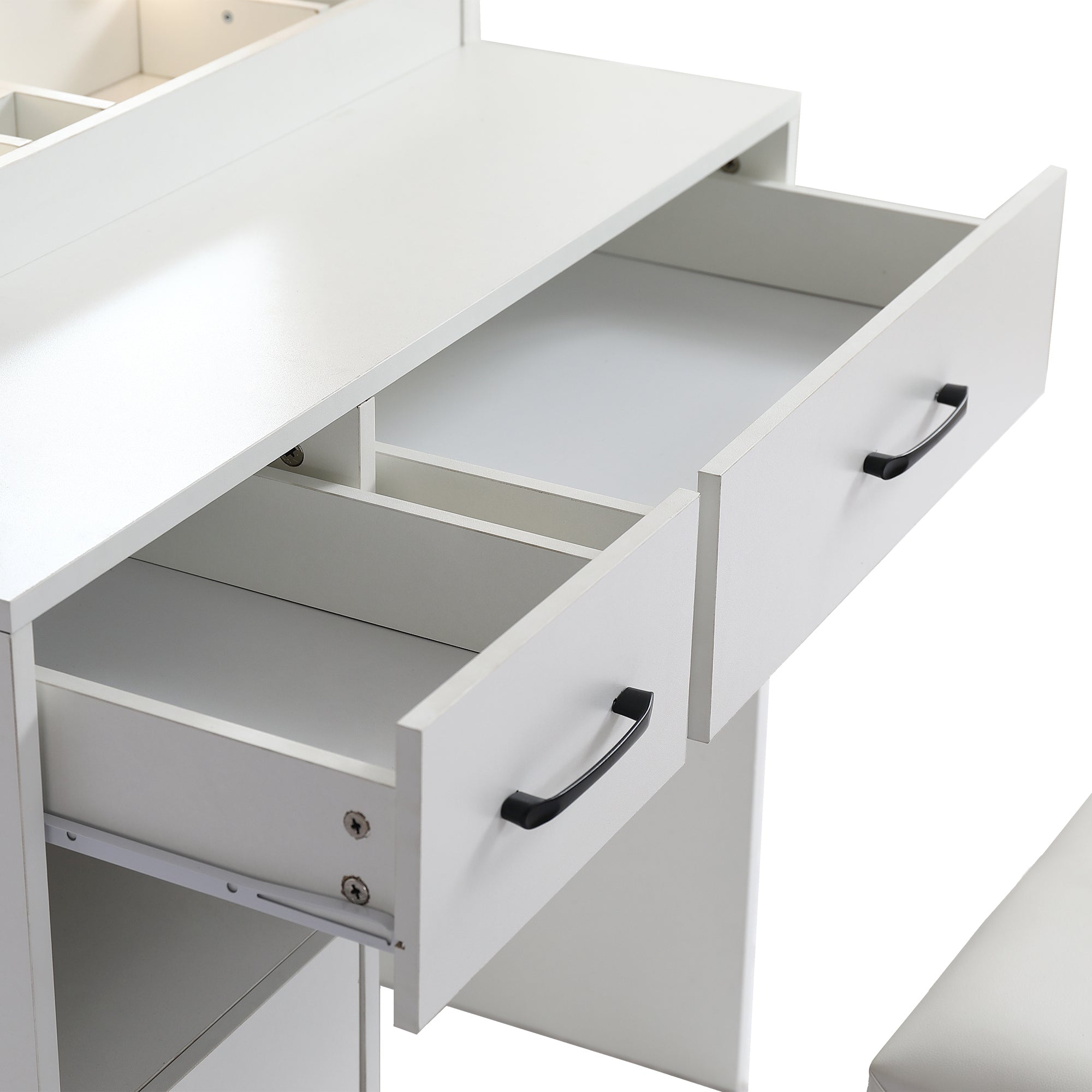 HAOYYE Vanity Desk Set with Lighted Mirror, 3-Color Adjustable Brightness, White Dressing Table with 2 Drawers, Storage Cabinet, and Upholstered Stool, Sturdy Space-Saving Design