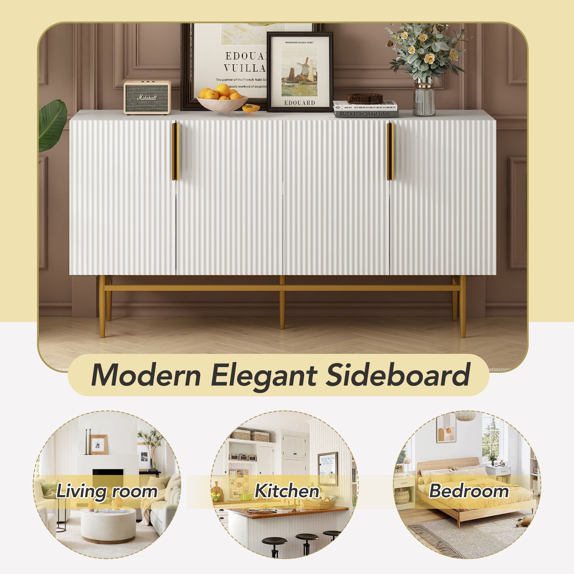 HAOYYE Modern Elegant 4-door Sideboard Gold Metal Handle Buffet Cabinet for Dining Room, Living Room, Bedroom, Hallway (White) Sturdy Space-Saving Heavy Duty Modern Design Adults Dorm Room