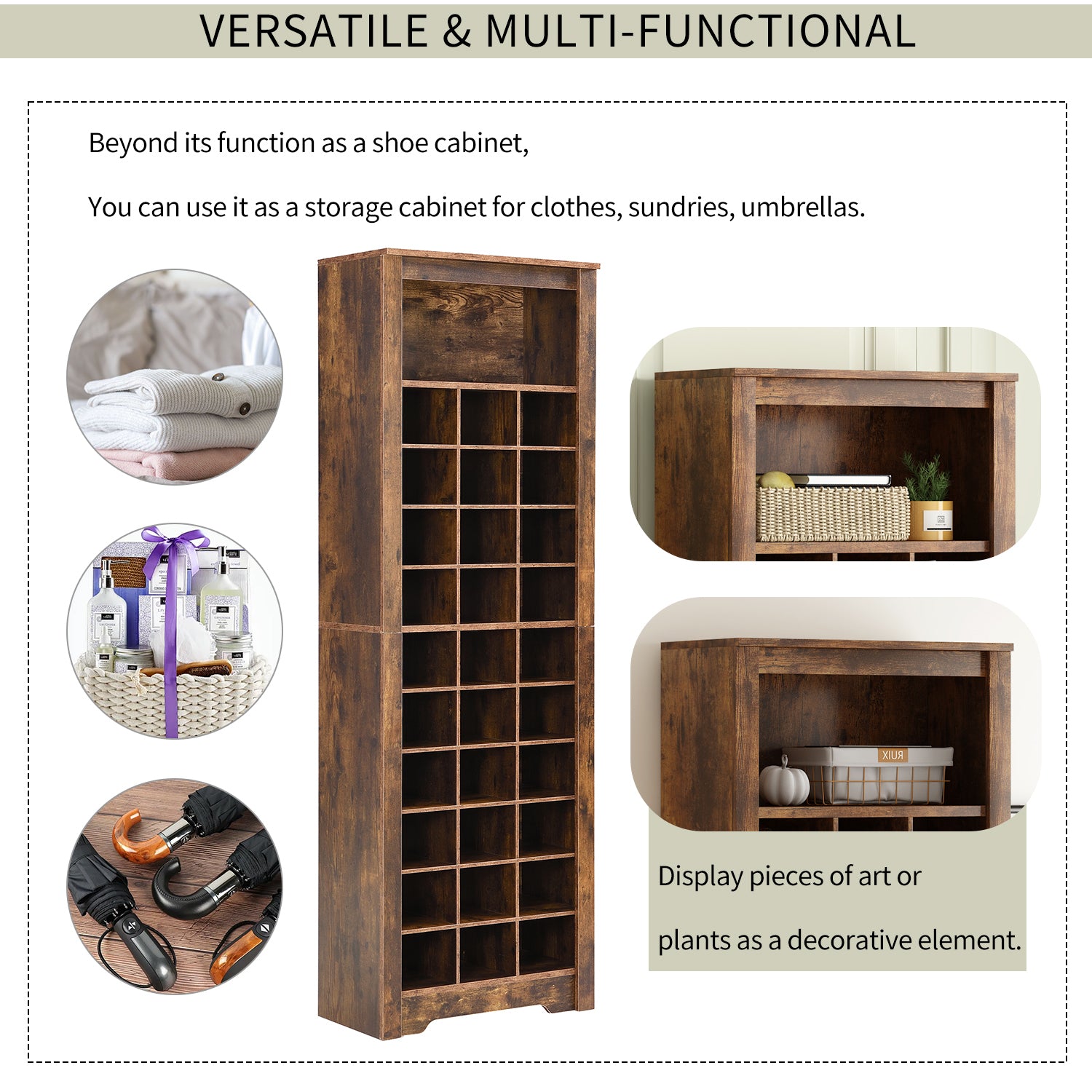 HAOYYE ON-TREND Stylish Design 30 Shoe Cubby Console, Contemporary Shoe Cabinet with Multiple Storage Capacity, Free Standing Tall Cabinet with Versatile Use for Hallway, Bedroom, Rustic Brown Sturdy