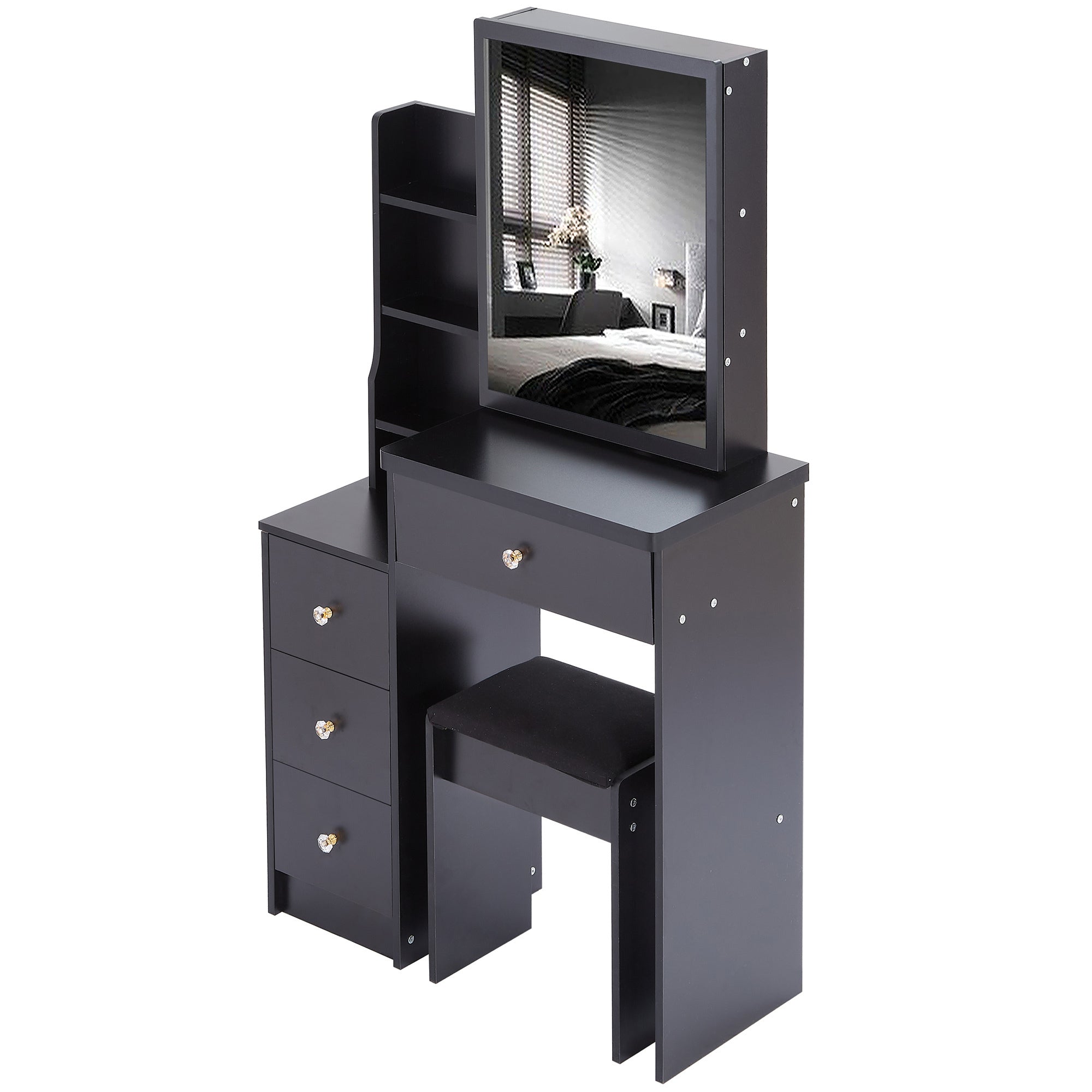 HAOYYE Small Size Left Bedside Cabinet Vanity Table + Cushioned Stool, Extra Large Sliding Mirror, Multi Layer, High Capacity Storage Fashionable Dresser, Suitable for Small Space, EPA,GCC,UL Certificate