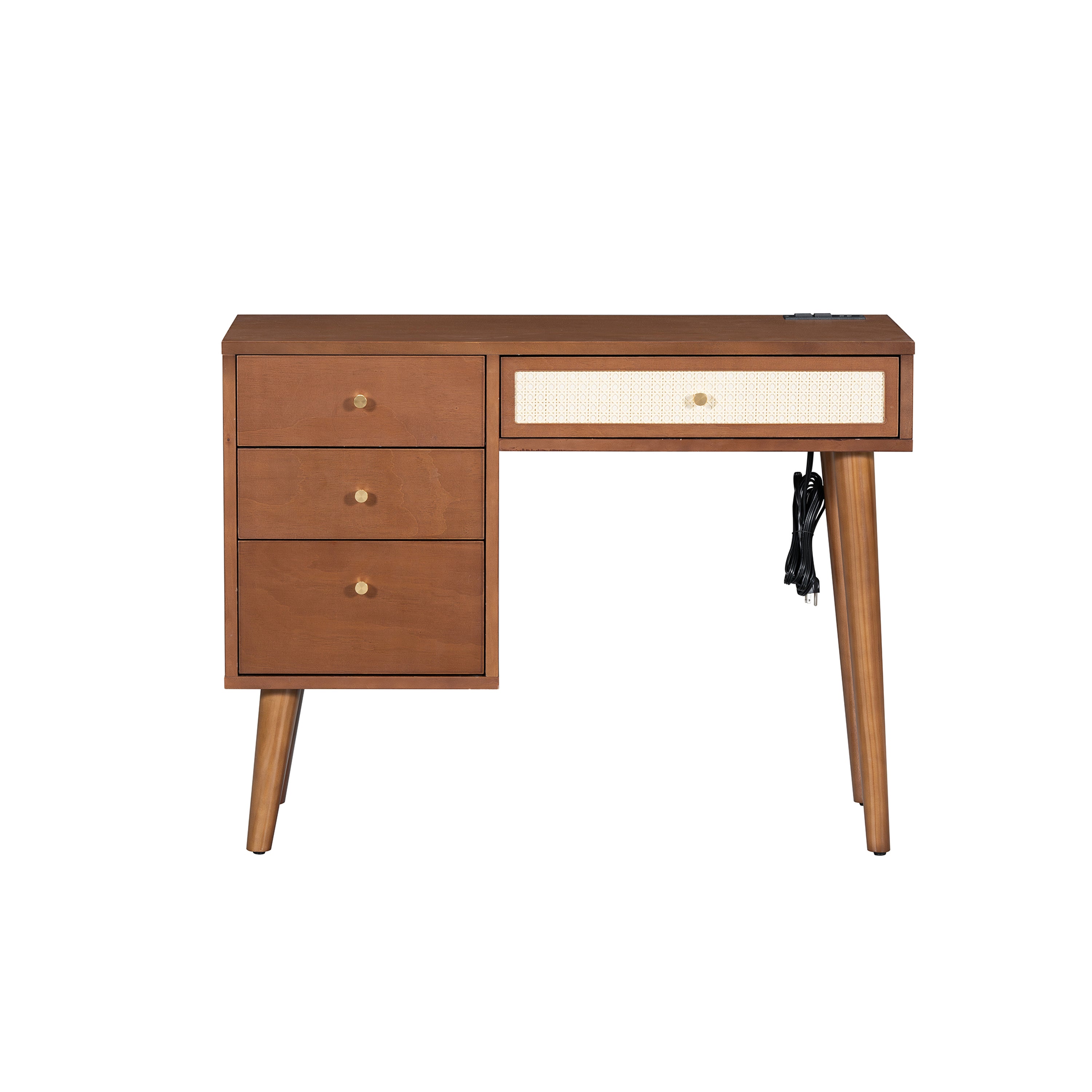HAOYYE 39" Retro Bohemian Style Wooden Makeup Vanity Set with Charging Plug&USB Port and Stool, Dressing Table with 3 Storage Drawers and 1 Rectangular Rattan Drawer, Walnut