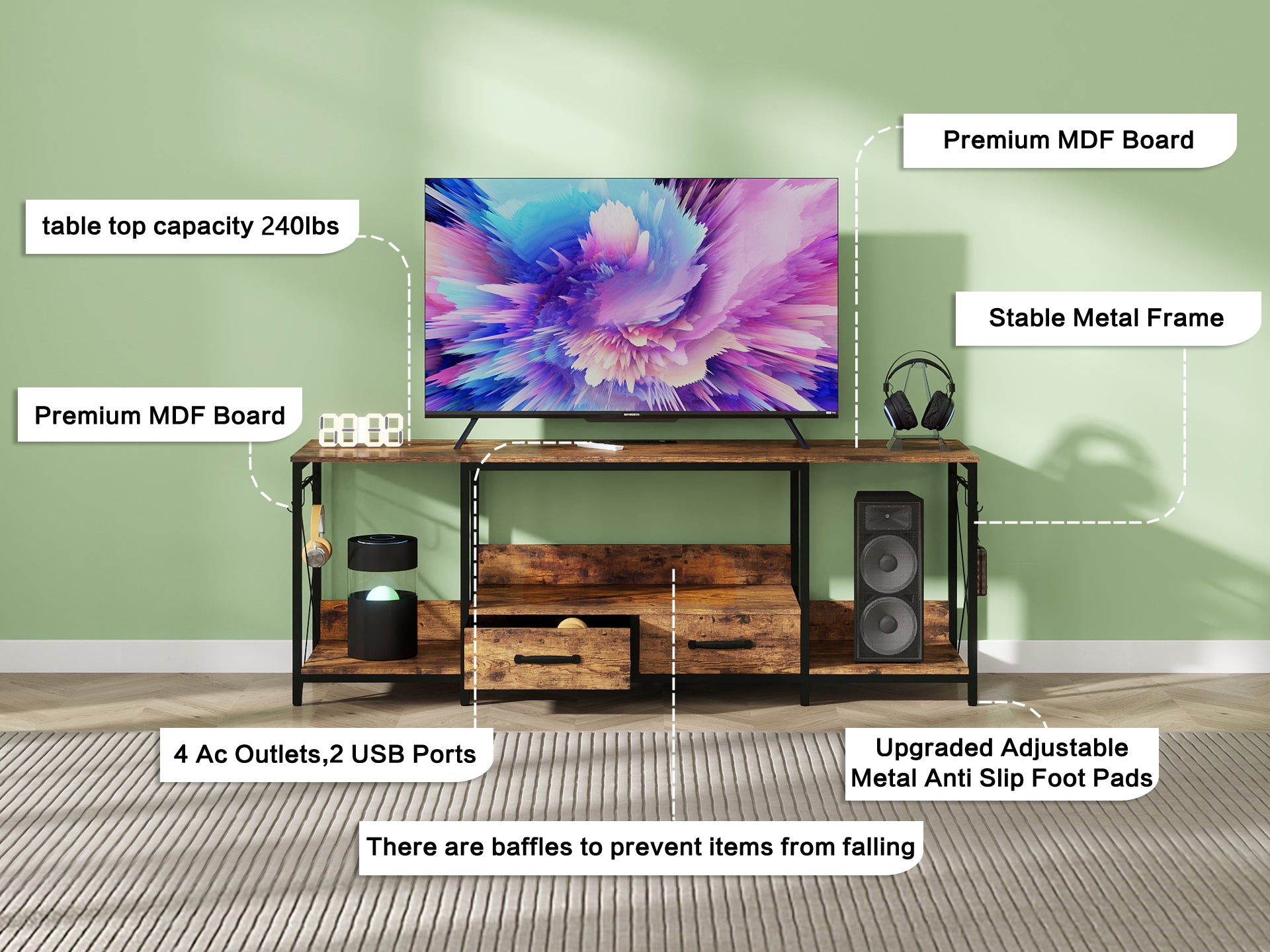 HAOYYE TV Stand with LED Lights and Power Outlets, TV Console with Fabric Drawers for 65-75 Inch TVs, Industrial Entertainment Center with Open Storage Shelves, Modern TV Stand for Living Room, Bedroom