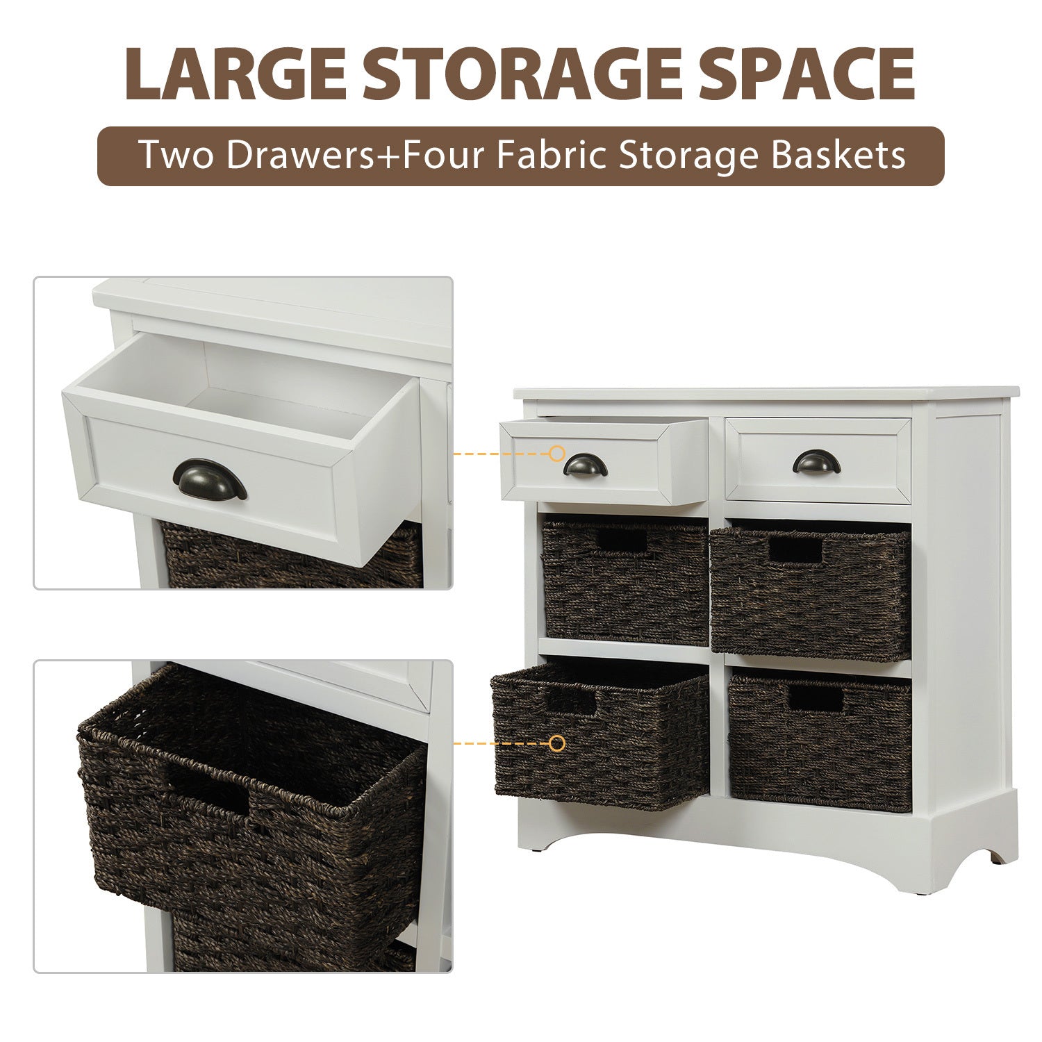 HAOYYE Rustic Storage Cabinet with Two Drawers and Four Classic Rattan Baskets for Dining Room or Living Room, White, Sturdy Space-Saving Design, Heavy Duty Construction, Easy Assembly, Durable and Stylish Home Furniture