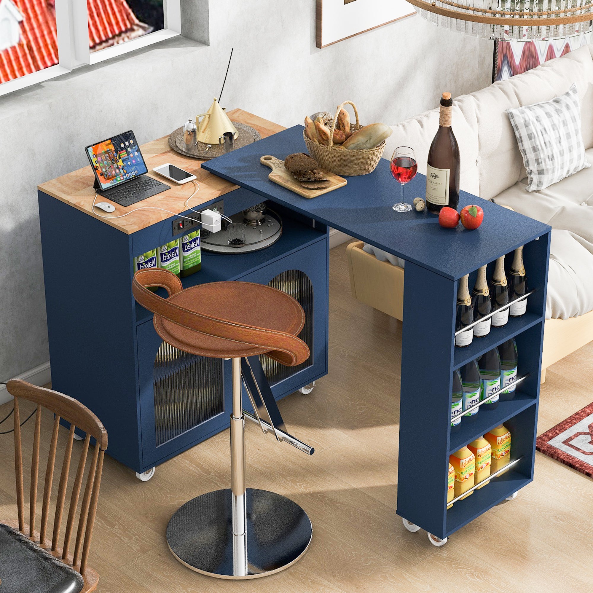 HAOYYE Navy Rolling Kitchen Island With Extended Table, LED Lights, Power Outlets, Fluted Glass Doors, Storage Compartment, and Open Shelves, Sturdy Space-Saving Design, Easy Assembly