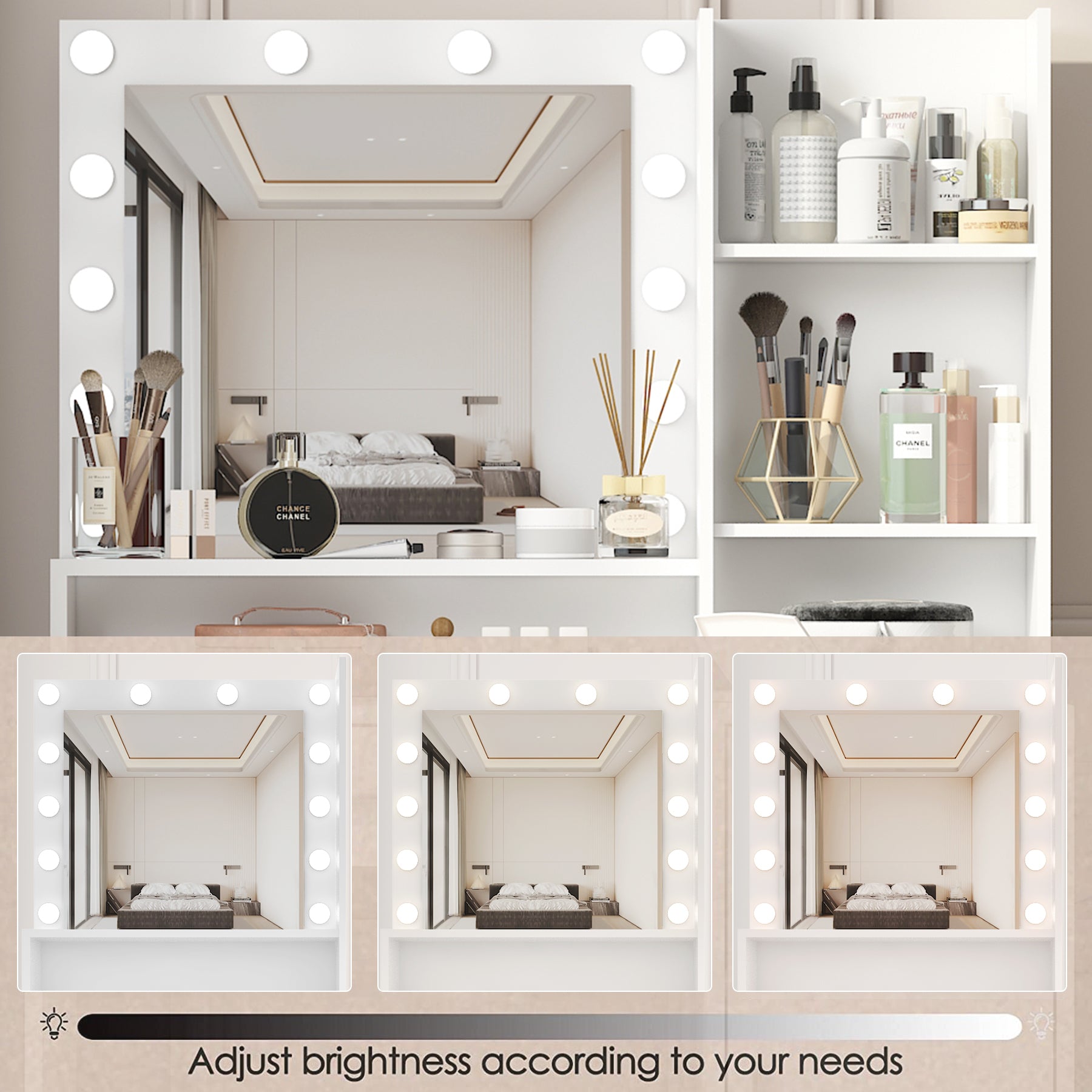 HAOYYE Vanity Desk with Mirror and Light, Three-Level Storage Dresser, Large Drawer, Adjustable Brightness with Three Lighting Modes, White, Sturdy Space-Saving Design, Heavy Duty Construction, Modern and Stylish Home Furniture