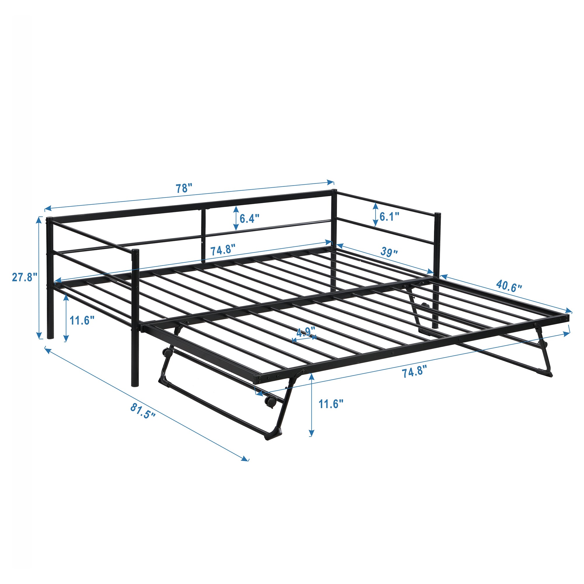 HAOYYE Twin Size Metal Daybed with Adjustable Trundle, Pop Up Trundle, Black Sturdy Space-Saving Heavy Duty Modern Design Adults Dorm Room Easy Assembly Bedroom Furniture