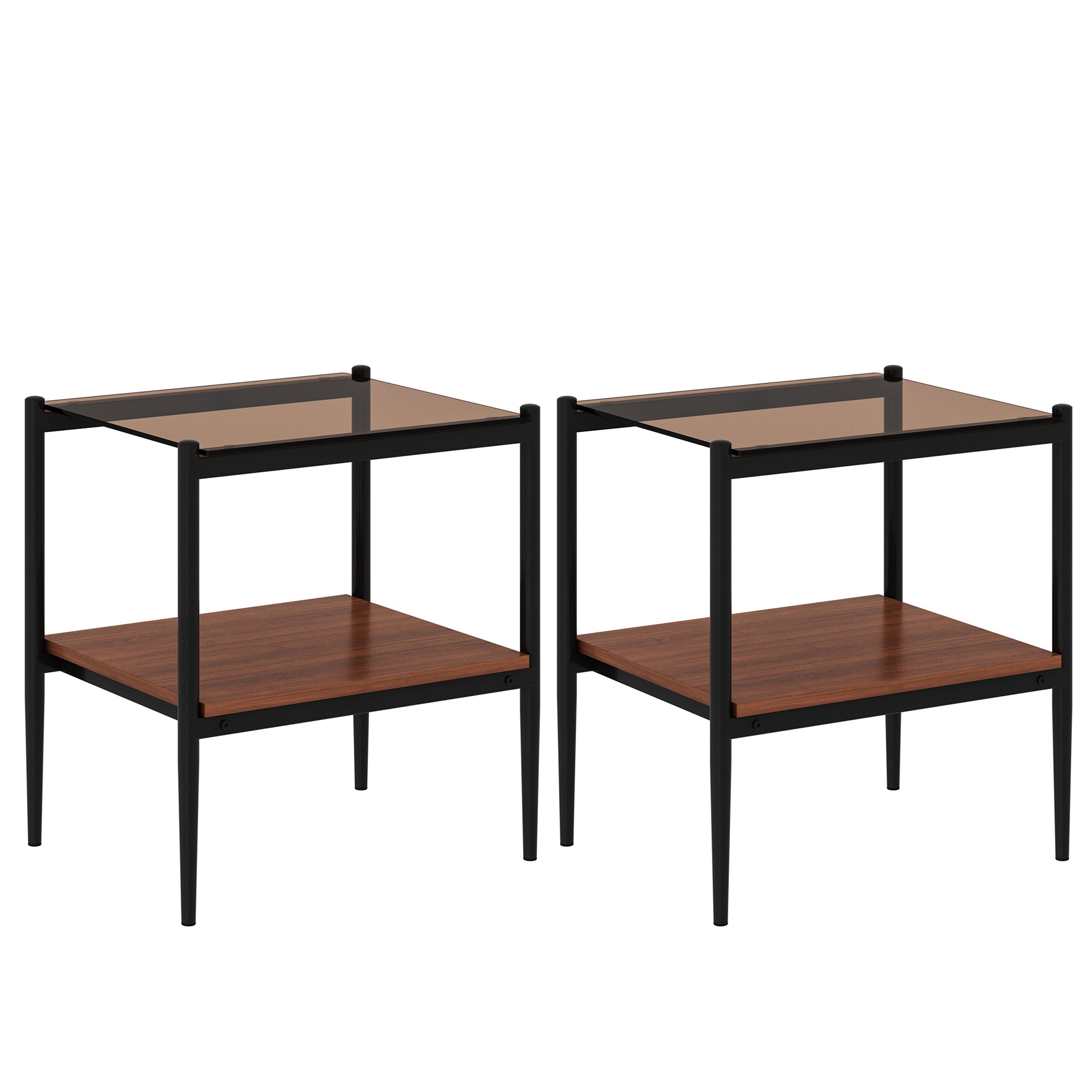 HAOYYE Modern Rectangle End Table Set of 2, Tempered Glass Tabletop With MDF Layer, Sturdy Space-Saving Heavy Duty Side Table For Living Room, Brown Finish, Easy Assembly