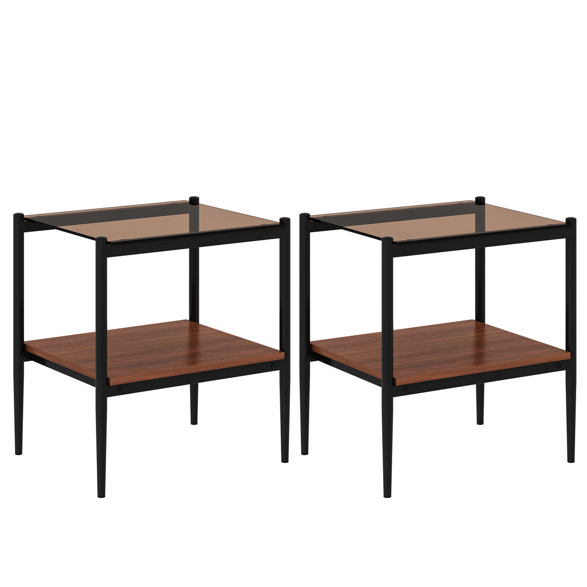 HAOYYE Modern Rectangle End Table Set of 2, Tempered Glass Tabletop With MDF Layer, Sturdy Space-Saving Heavy Duty Side Table For Living Room, Brown Finish, Easy Assembly