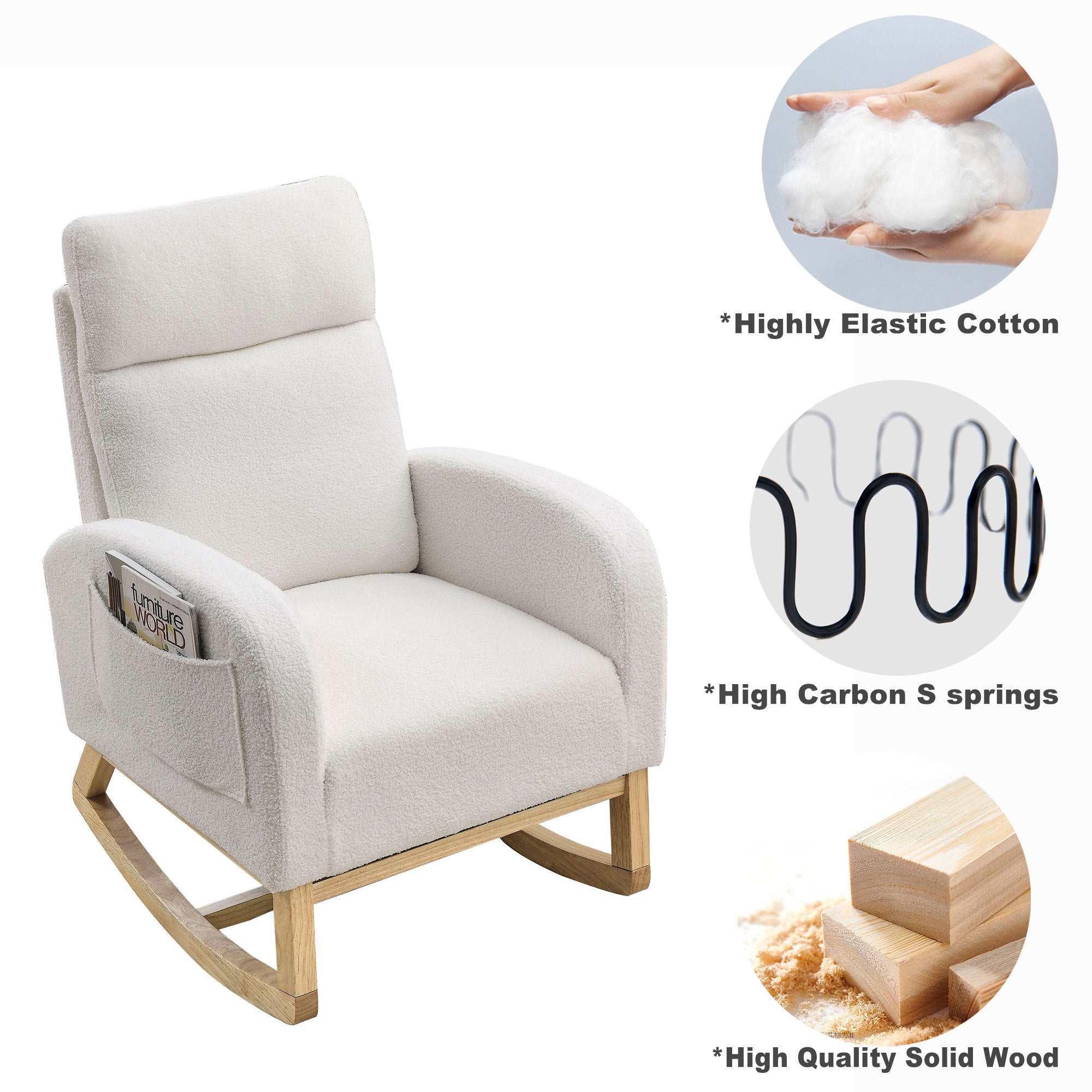 HAOYYE 27.6"W Modern Accent High Backrest Living Room Lounge Arm Rocking Chair, Two Side Pocket ,Teddy White (Ivory) Sturdy Space-Saving Heavy Duty Modern Design Adults Dorm Room