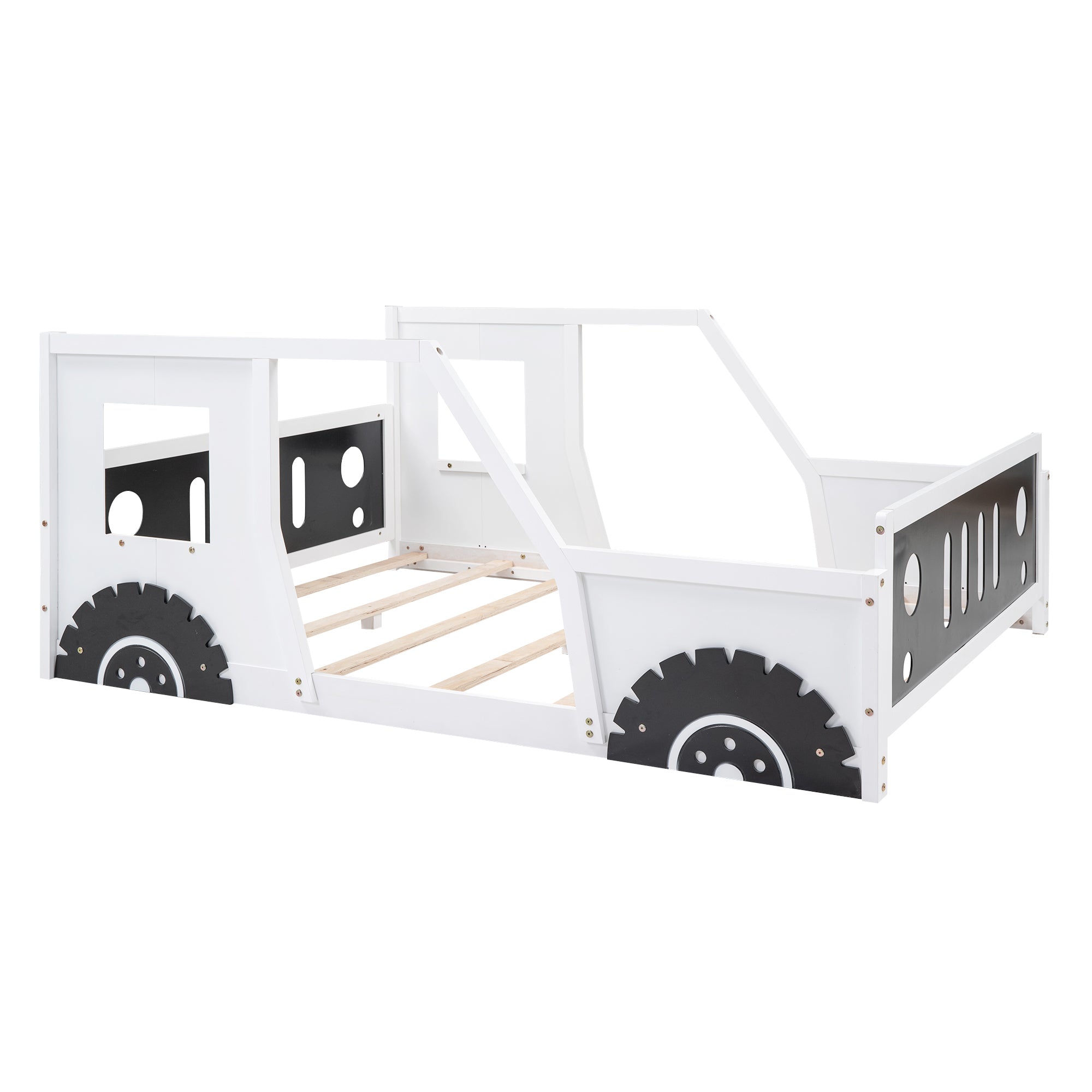 HAOYYE Full Size Classic Car-Shaped Platform Bed with Wheels,White Sturdy Space-Saving Heavy Duty Modern Design Adults Dorm Room Easy Assembly Bedroom Furniture