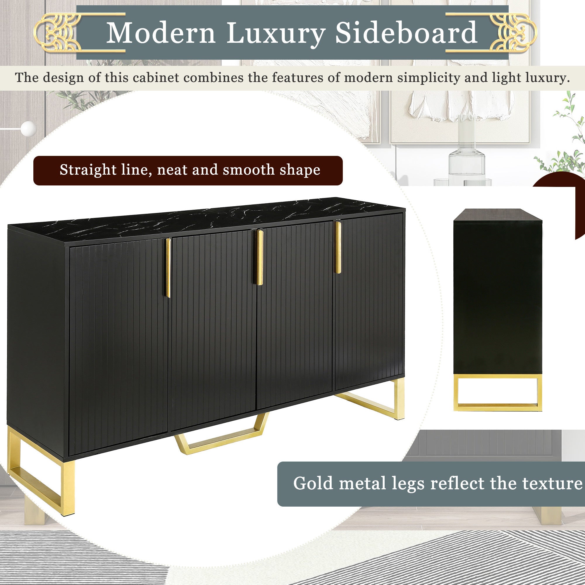 HAOYYE Modern Sideboard with Four Doors, Metal Handles and Legs, Adjustable Shelves, Stylish Storage Cabinet for Kitchen, Dining Room, Living Room, Black, Sturdy Space-Saving Heavy Duty Design, Ideal for Home and Apartment, Easy Assembly
