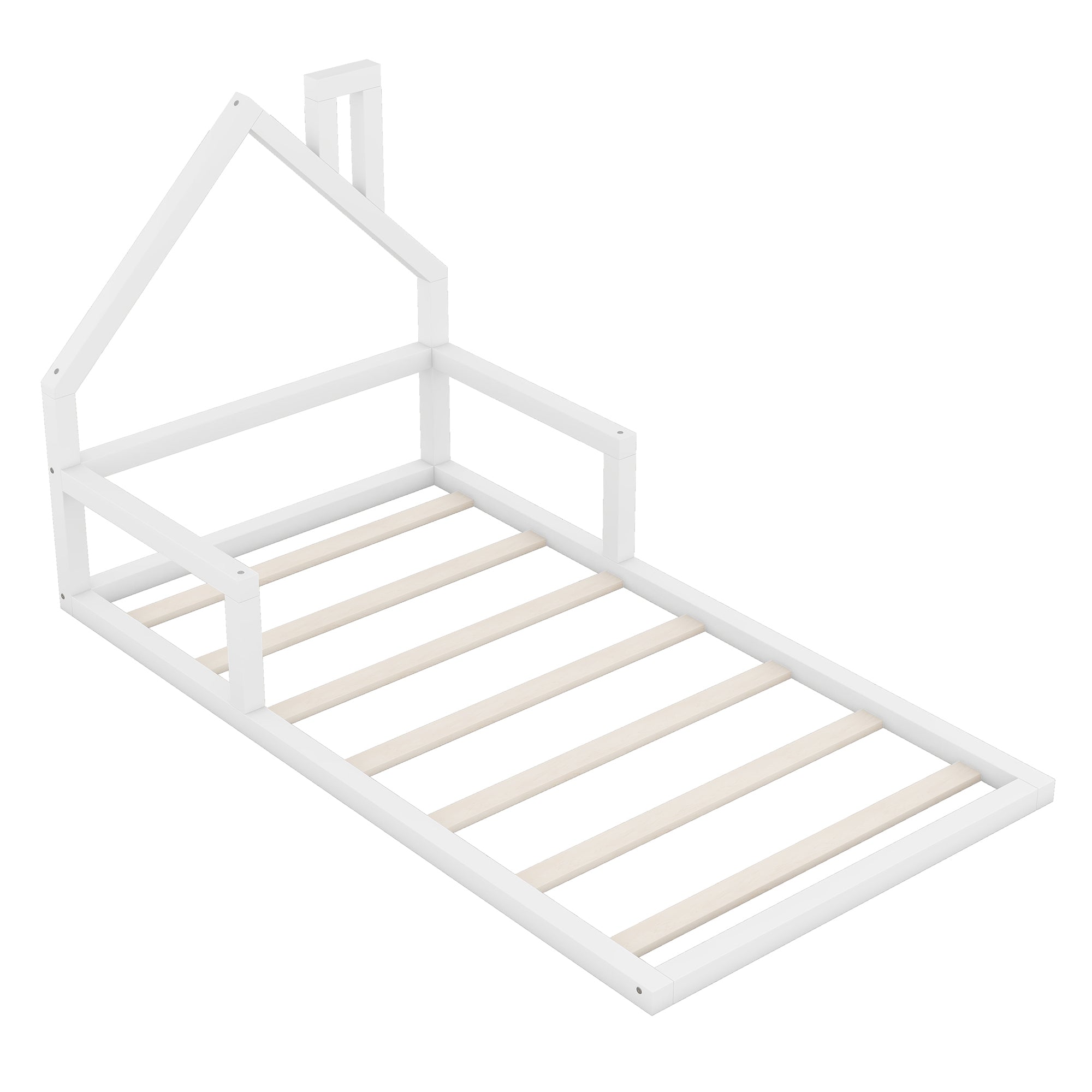 HAOYYE Twin Size Wood Floor Bed with House-shaped Headboard, White Sturdy Space-Saving Heavy Duty Modern Design Adults Dorm Room Easy Assembly Bedroom Furniture