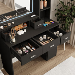 HAOYYE Black dressing table with LED 3-color illuminated mirror and power outlet, dressing table with drawers, storage box and shelf, dressing table with bedroom cushioned stool