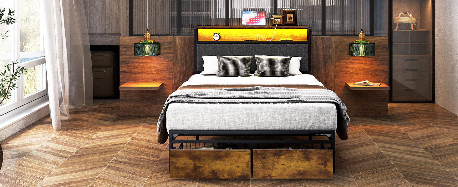 HAOYYE Twin Size Upholstered Platform Bed Frame with Storage Drawers, USB Ports, LED Lights, and Wingback Headboard, Rustic Brown, Sturdy Space-Saving Design, Heavy Duty Construction, Modern Stylish Home Furniture