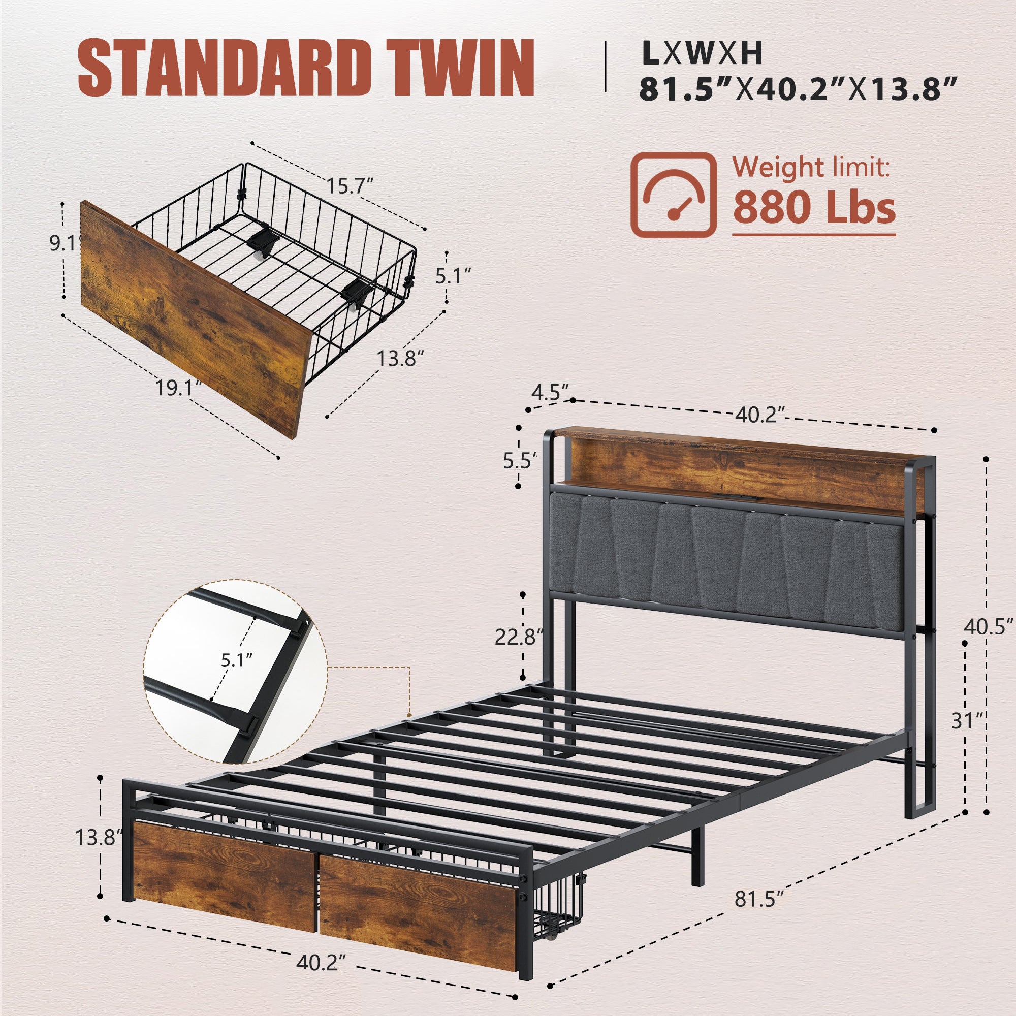 HAOYYE Twin Size Upholstered Platform Bed Frame with Storage Drawers, USB Ports, LED Lights, and Wingback Headboard, Rustic Brown, Sturdy Space-Saving Design, Heavy Duty Construction, Modern Stylish Home Furniture